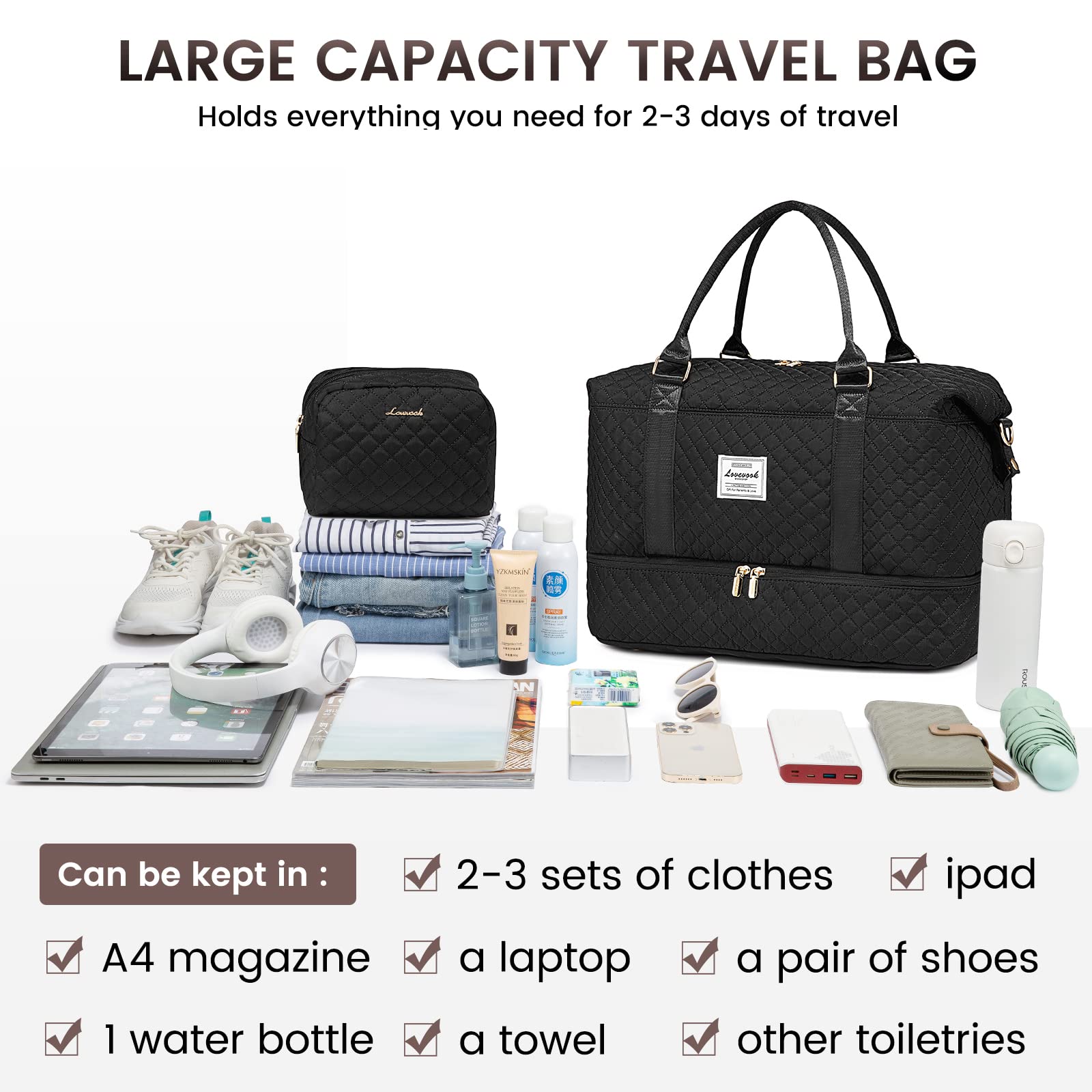 LOVEVOOK Travel Duffle Bag, Weekender Bags for Women with Shoe Compartment, Carry on Overnight Bag