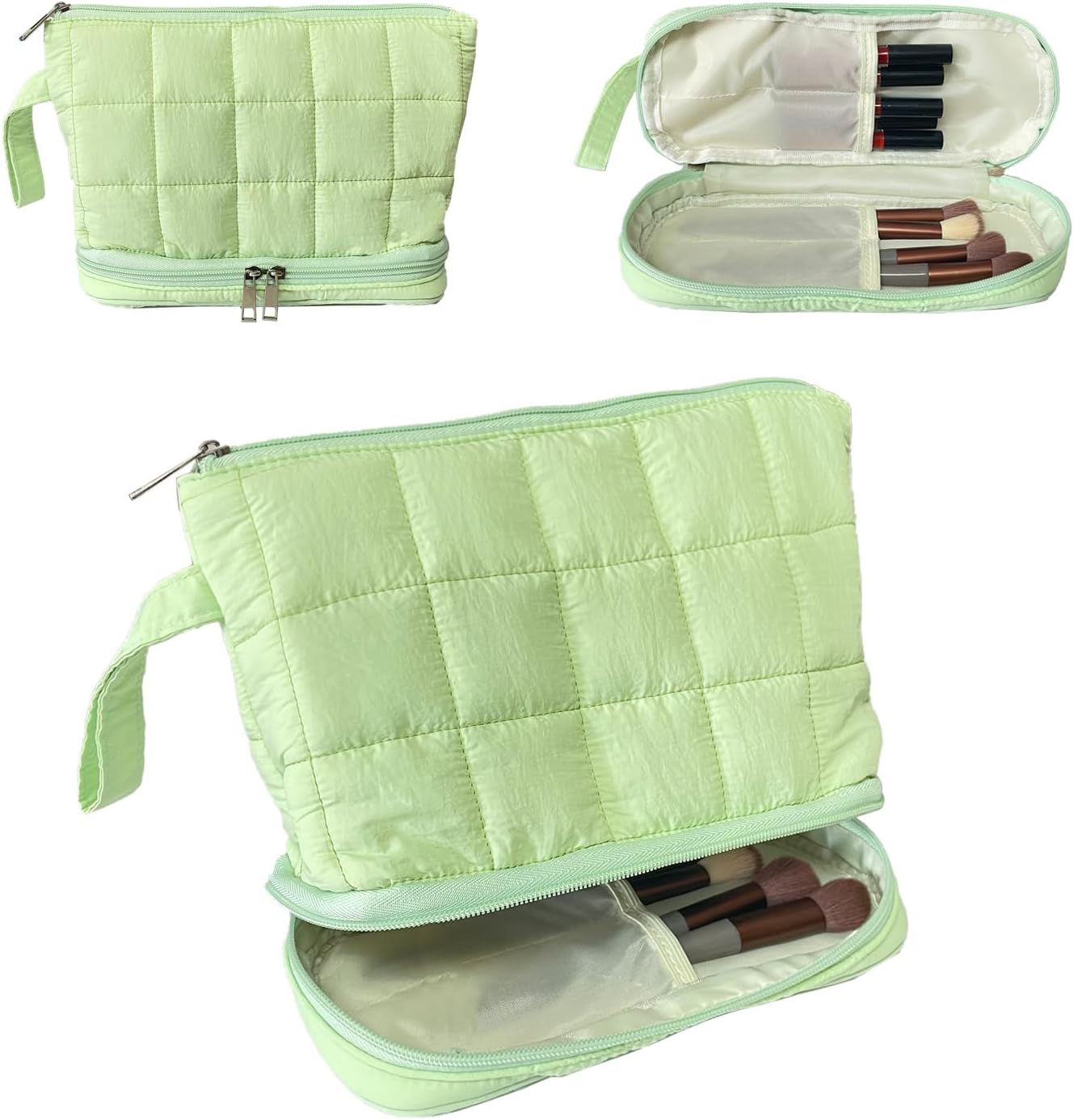 Green Puffy Puffer Makeup Bag for Purse Small Makeup Pouch Quilted Cosmetic Bag Cute Cotton Toiletry Pouch Bag for Women