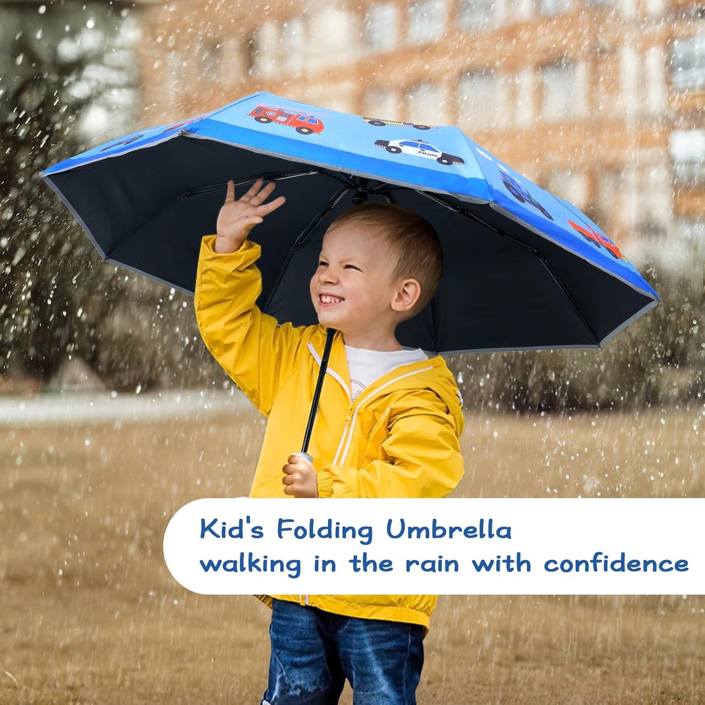 Kids Folding Umbrella Auto Open/Close Anti-rebound Safe Design UV Resistant Automatic Children Travel Umbrellas 8 Rib Reinforced Canopy 360° Reflective Strip Lightweight Cute Umbrella for Girls & Boys