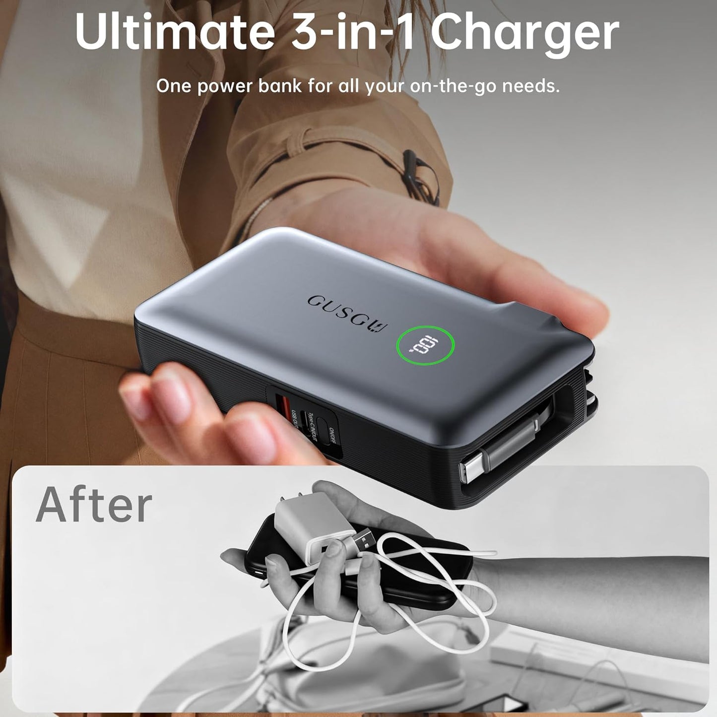 GUSGU X3 10,000mAh Power Bank with Foldable Plug, Retractable USB C Cable &Type-C/USB-A Ports, 35W PD Max Fast Charger for MacBook Air/Pro, iPad, iPhone 17/16/15, Galaxy S24/S23 and More