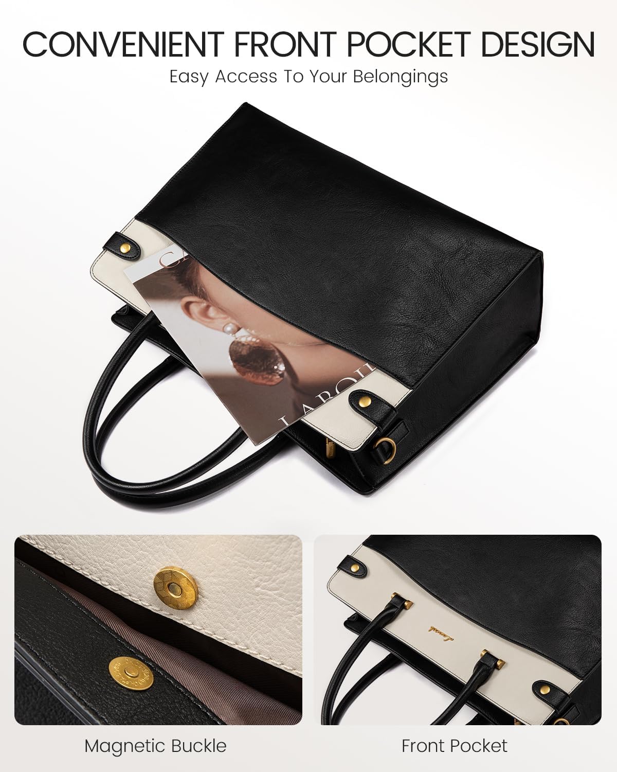 LOVEVOOK Laptop Tote Bag For Women Work, Vintage Leather Computer Bags For Laptops For Women, Waterproof Laptop Bag Business Briefcase Office Large Shoulder Handbag Purse, 15.6 Inch, Black-Beige