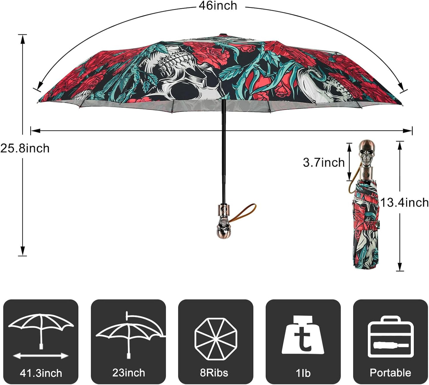 Lejorain Mens Black Skull Umbrella - Automatic Luxury Travel Windproof Umbrella Compact - Portable Strong Lightweight Rain Umbrella for Adults