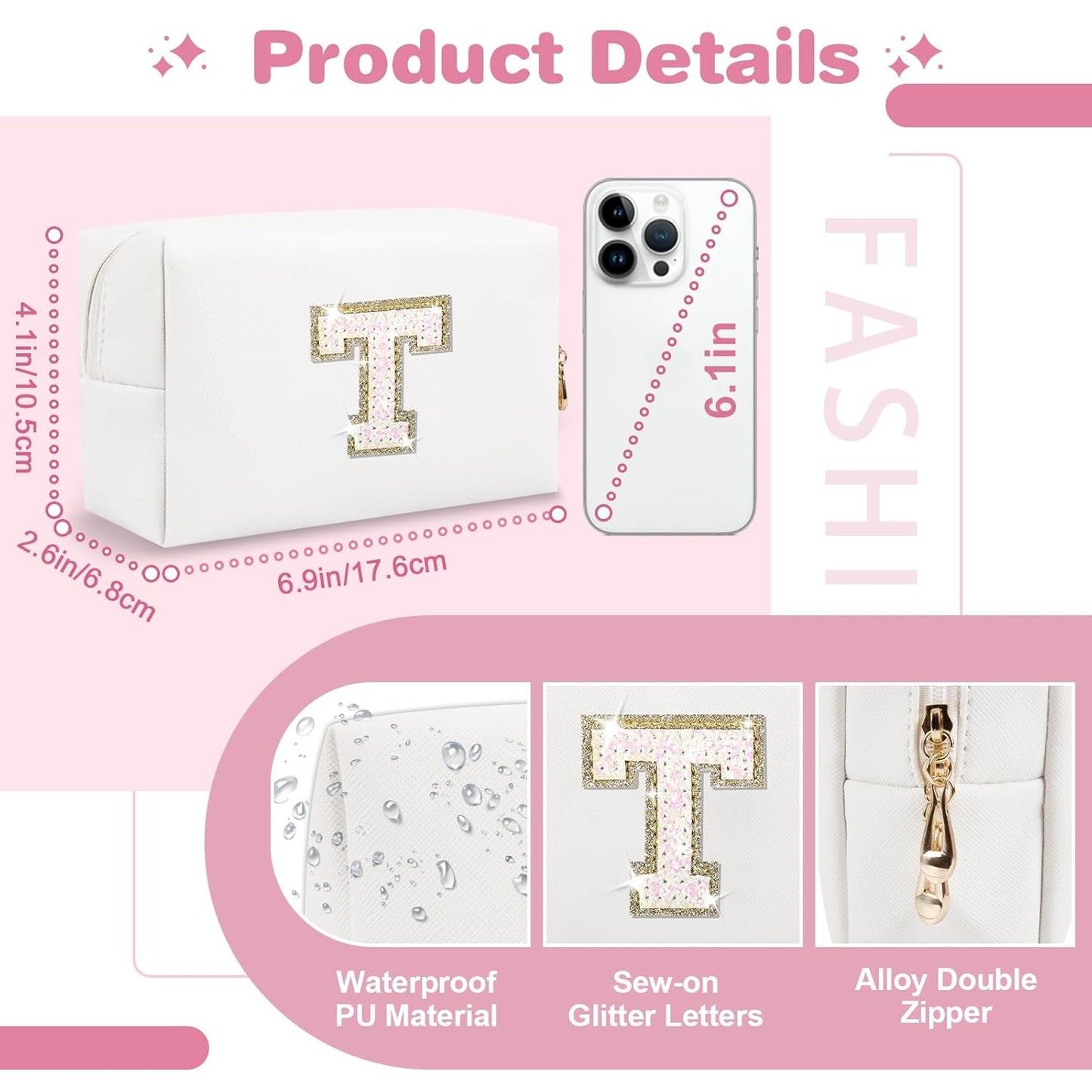 Small Initial Patch Makeup Bag Personalized Gifts Make Up Bag,White Cute PU Leather Glitter Letter Cosmetic Bag with Zipper,Trendy Portable Travel Toiletry Pouch,Preppy Stuff for Teen Girls Women T