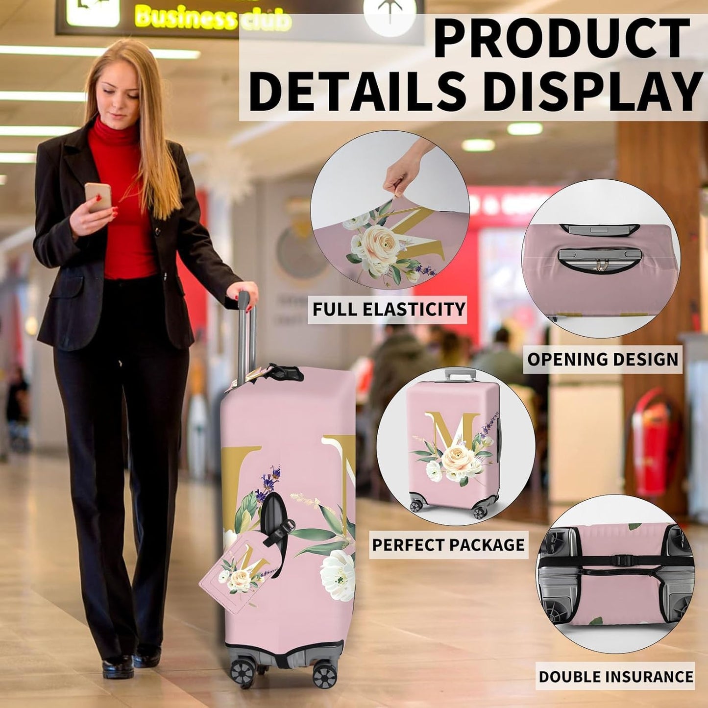 Travel Luggage Cover,Floral Letter M Theme Suitcase Cover Accessory Kit, Luggage Tag, and Comfortable Luggage Handle Wrap, Washable Zipper Close Luggage Suitcase Protector (18-20 inch,S)