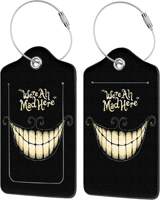 2 Pack Luggage Tag for Suitcase,Black Scary Halloween Smile PU Leather Suitcase Tags Identifiers with Privacy Name Address Labels and Durable Steel Loop for Women Men Travel