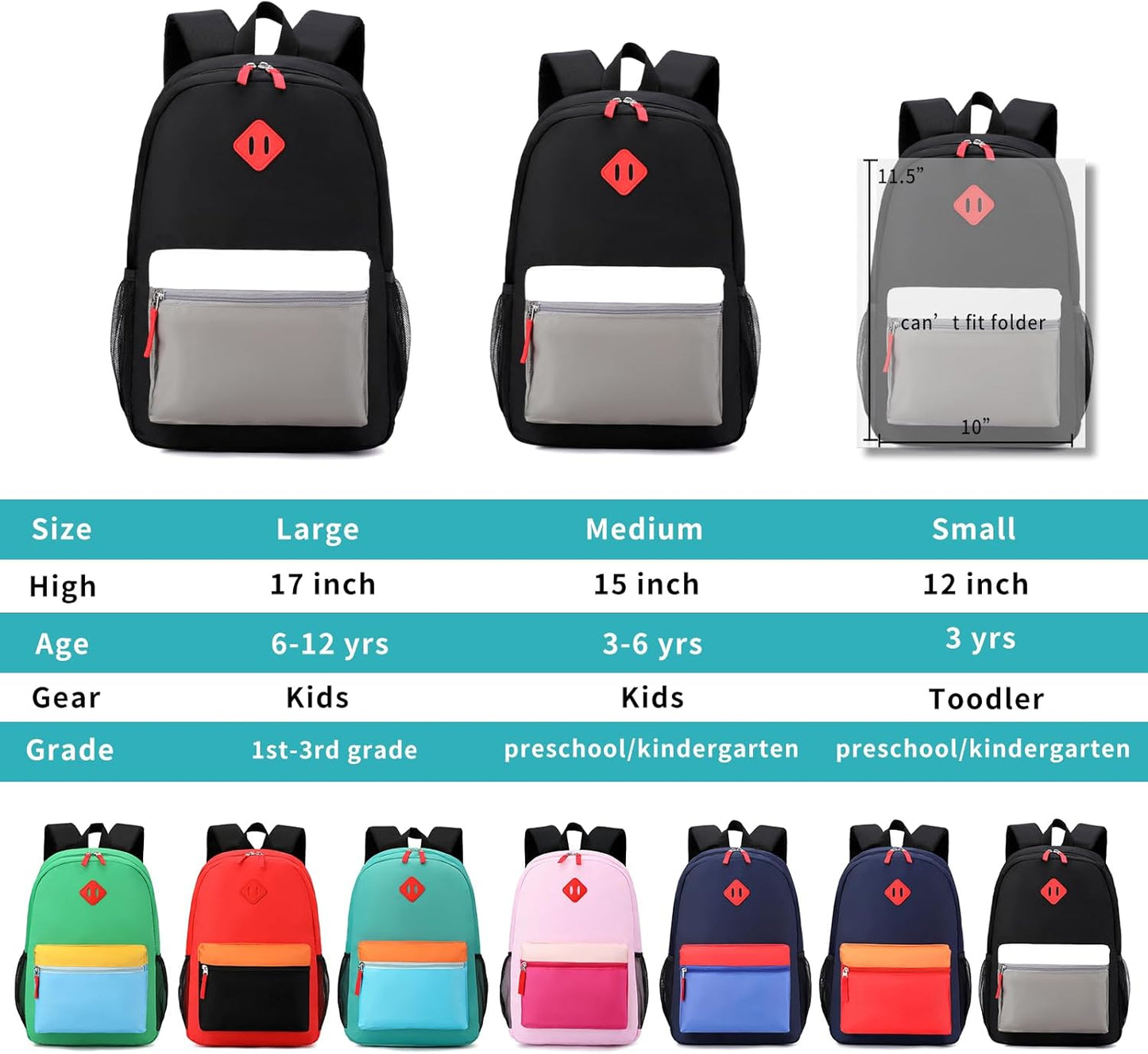 Elementary Backpack for Boys and Girls 5-9 Years Kindergarten Primary Kids Bookbag with Chest Buckle (Black Grey, Large-17inch)