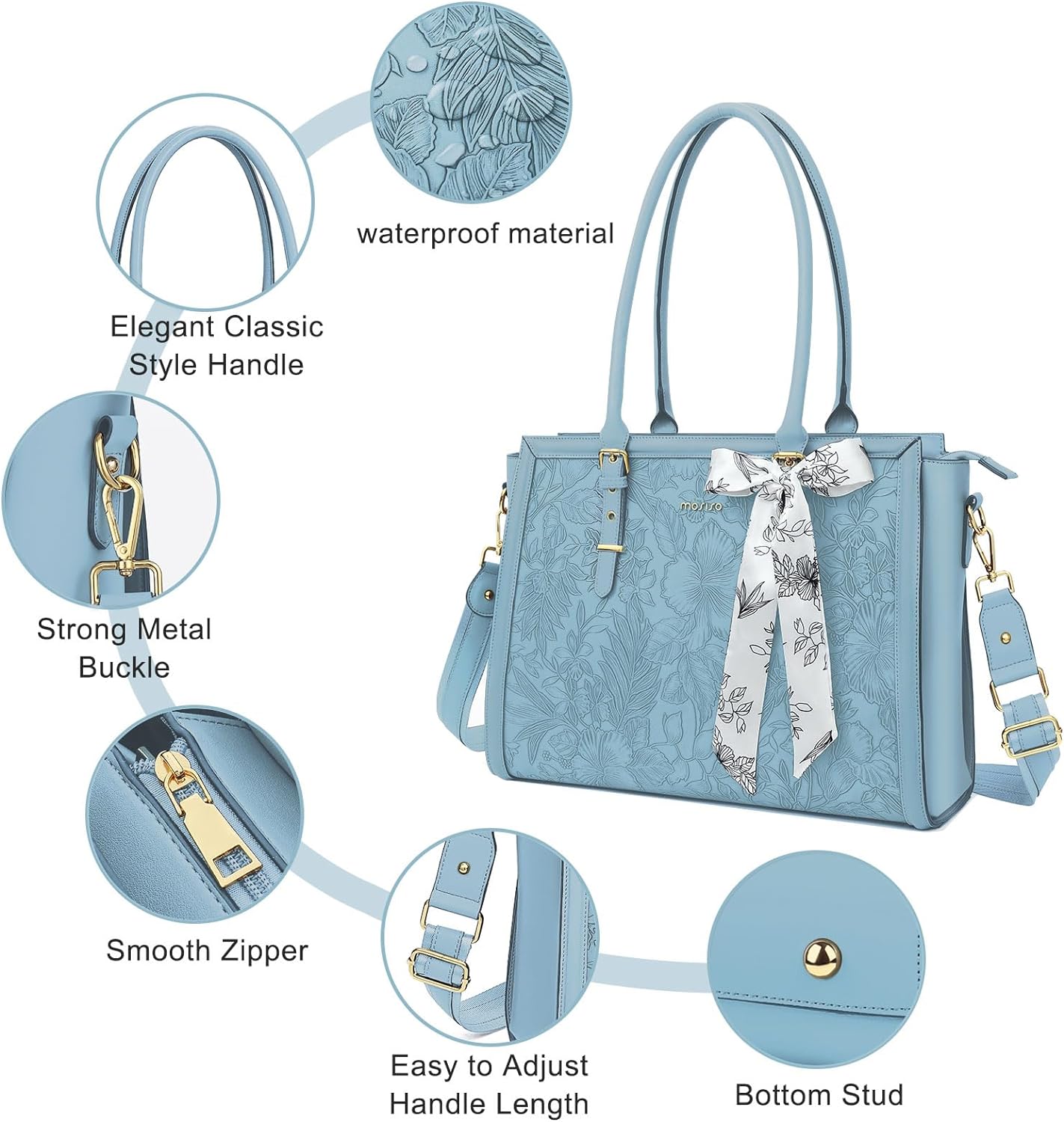 MOSISO Laptop Bag for Women, PU Leather Tote Bag, Front Embossed Retro Hibiscus Computer Bags with Silk Scarf&Clutch Purse