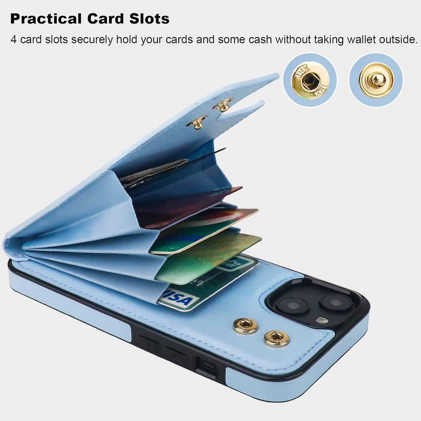 Folosu Compatible with iPhone 14 Plus Case Wallet with Card Holder, 360°Rotation Finger Ring Holder Kickstand, RFID Blocking Leather Protective Double Buttons Shockproof Cover 6.7 Inch Blue