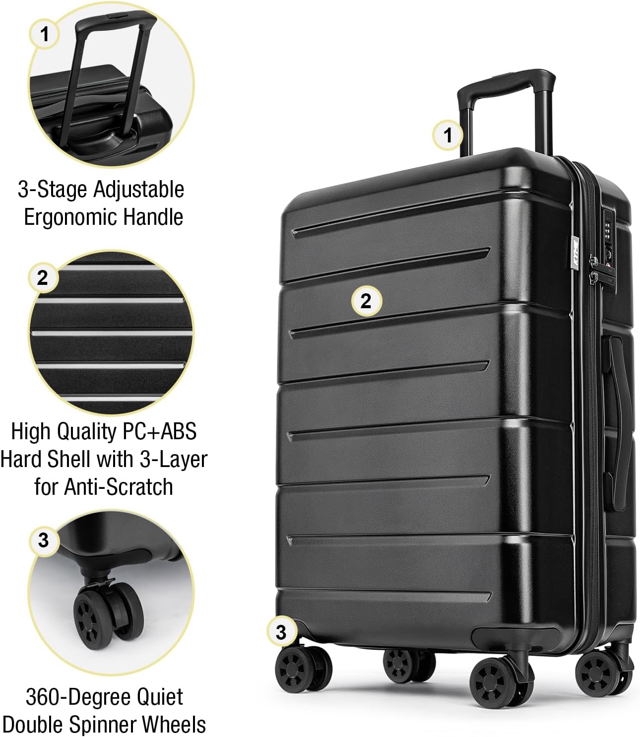 KYME Large Suitcases with Wheels Hardshell 28 Inch Luggage TSA Approved Big Checked Luggage Durable Travel Rolling Suitcase for Women Men Black