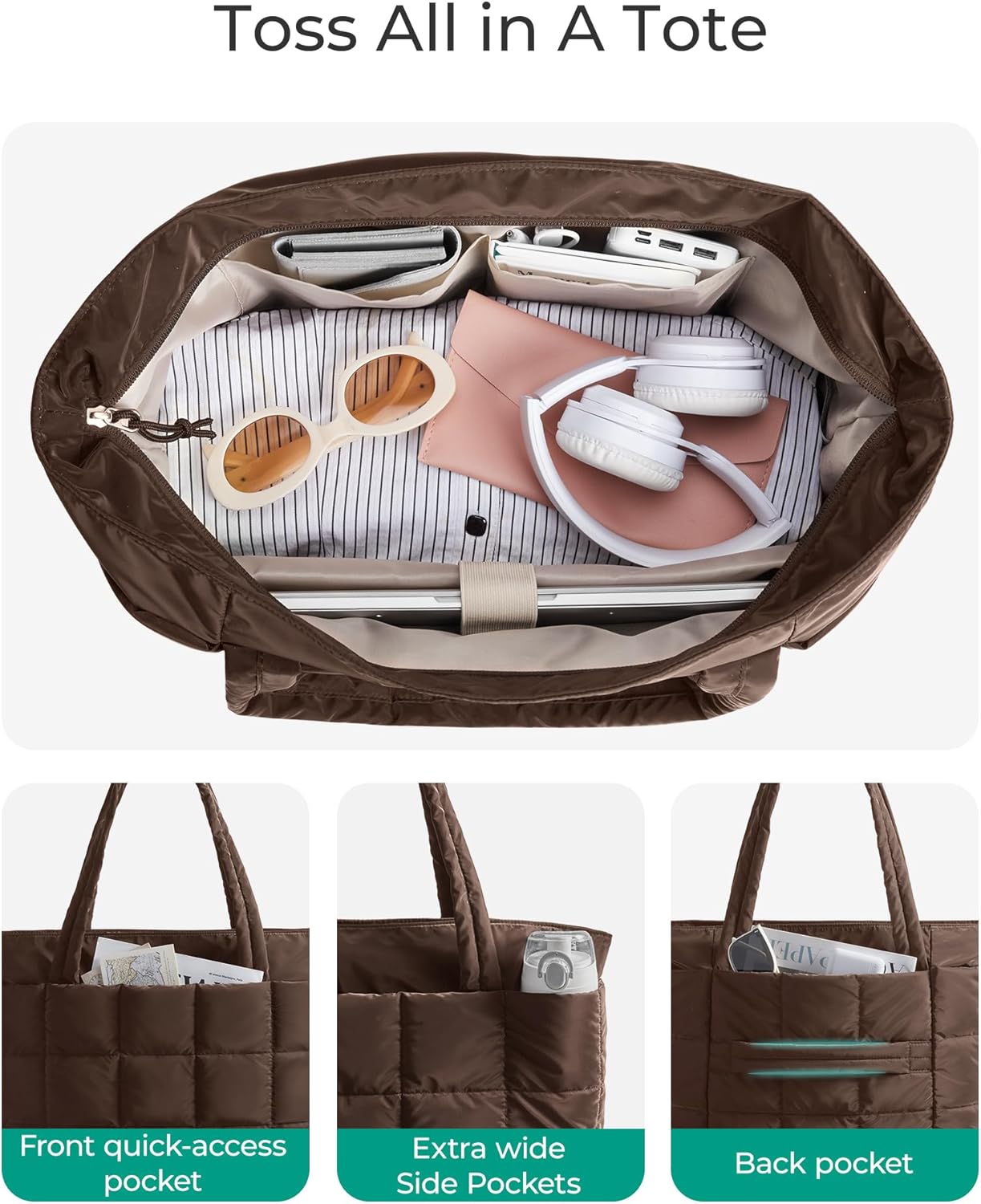 BAGSMART Expandable Tote Bag for Women, Puffer Work Tote Handbag, Quilted Carry-On Travel Gym Bag