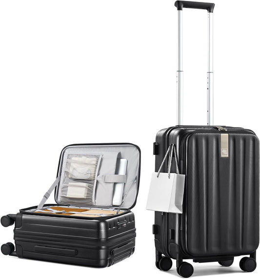 Hanke 20 Inch Expandable Carry On Luggage Airline Approved Top Opening Hard Shell Suitcases with Wheels Lightweight Travel Luggage Carry On Suitcase for Woman Men-Jet Black
