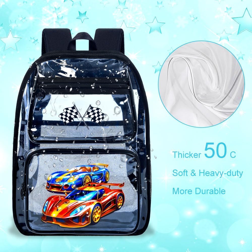 3PCS Kids Clear Backpack Heavy Duty, Cute Transparent Bookbag with Lunch Box for Boys, Black See Through School Bag - Race Car