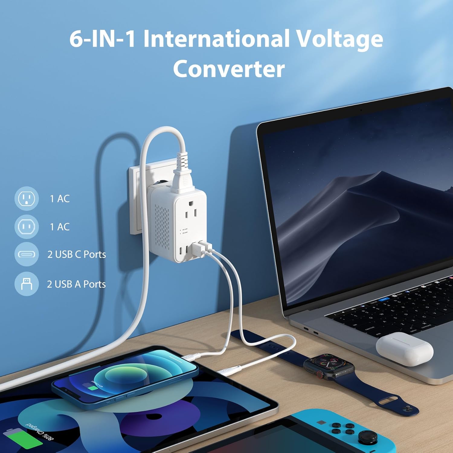 2000W 220V to 110V Voltage Converter US to Europe, Power Converter with Type C, A, G, I Plugs, 2