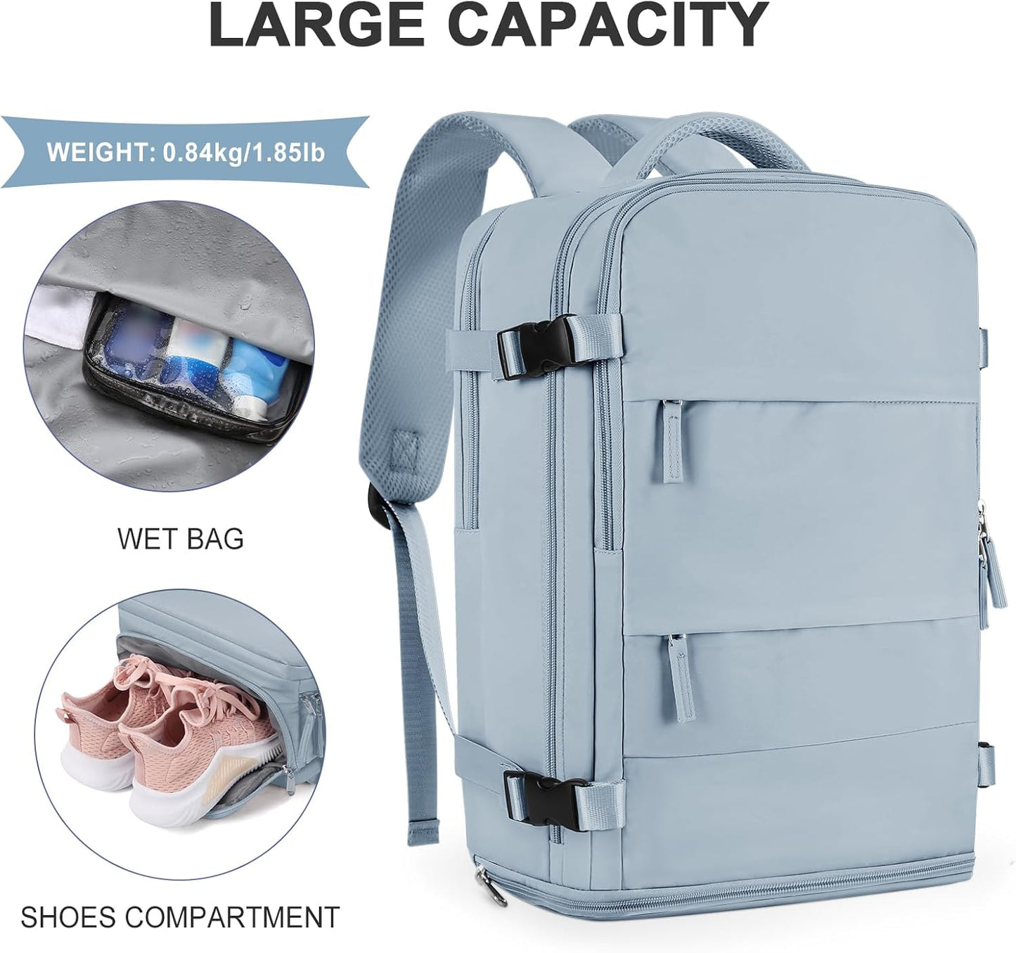 coowoz Large Travel Backpack For Women Men,Carry On Backpack Flight Approved,Hiking Backpack Waterproof Outdoor Rucksack Casual Daypack Fit 15.6 Inch Laptop Shoes Compartment,30L (Gray Blue)