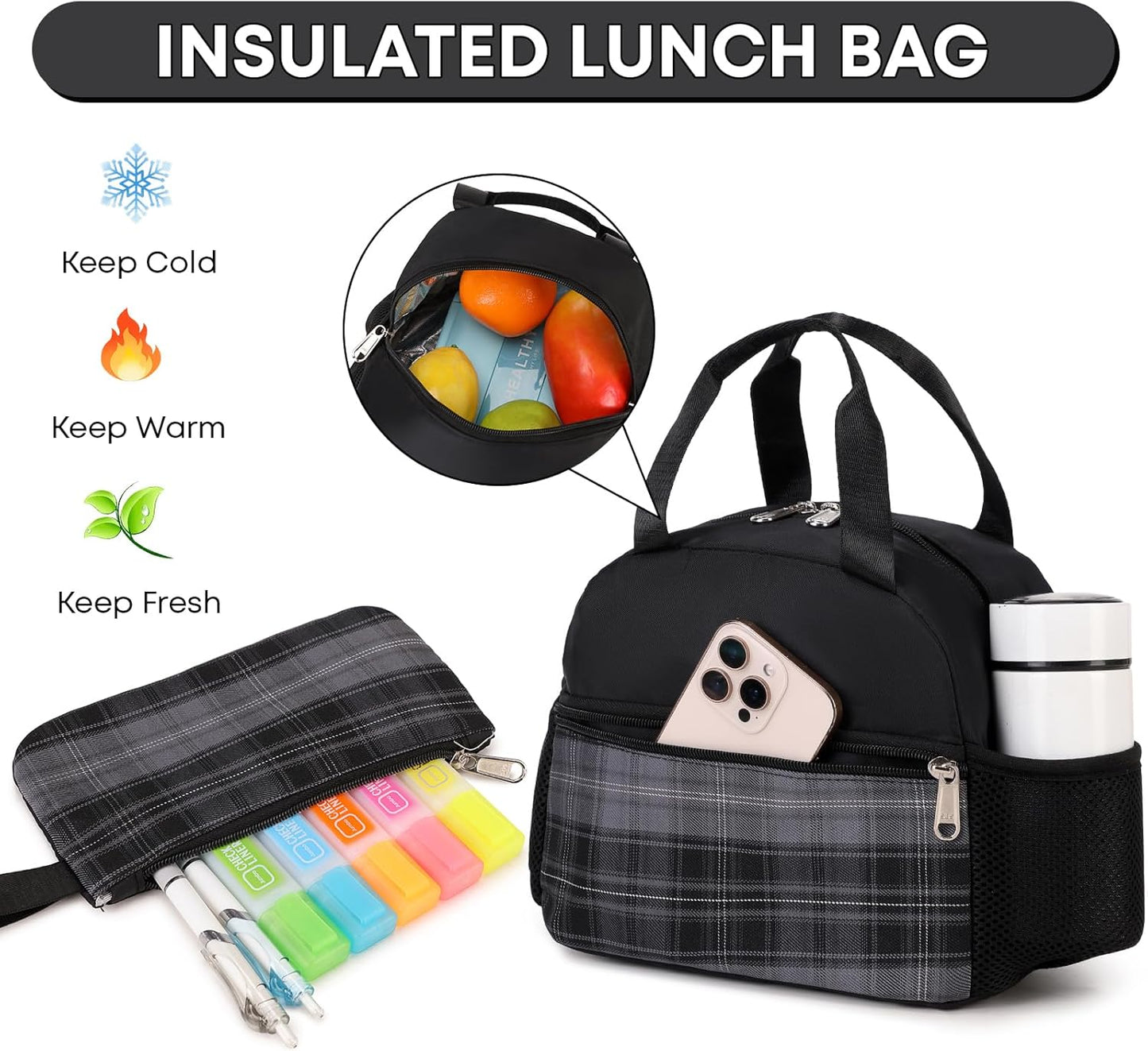 3PCS Backpack For School Women College Middle High Teen Girls Student Bookbag Waterproof Laptop Bag Plaid Black