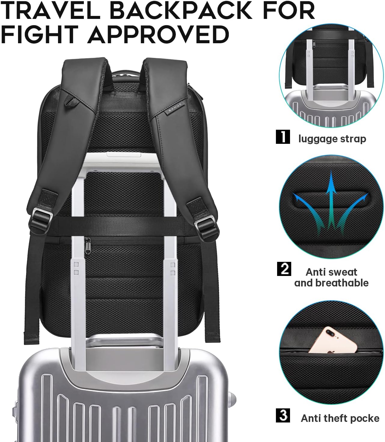 BANGE Business Laptop Smart backpack Can Hold 15.6 Inch Laptop Commute Backpack Carry on bag for men and women (Black)