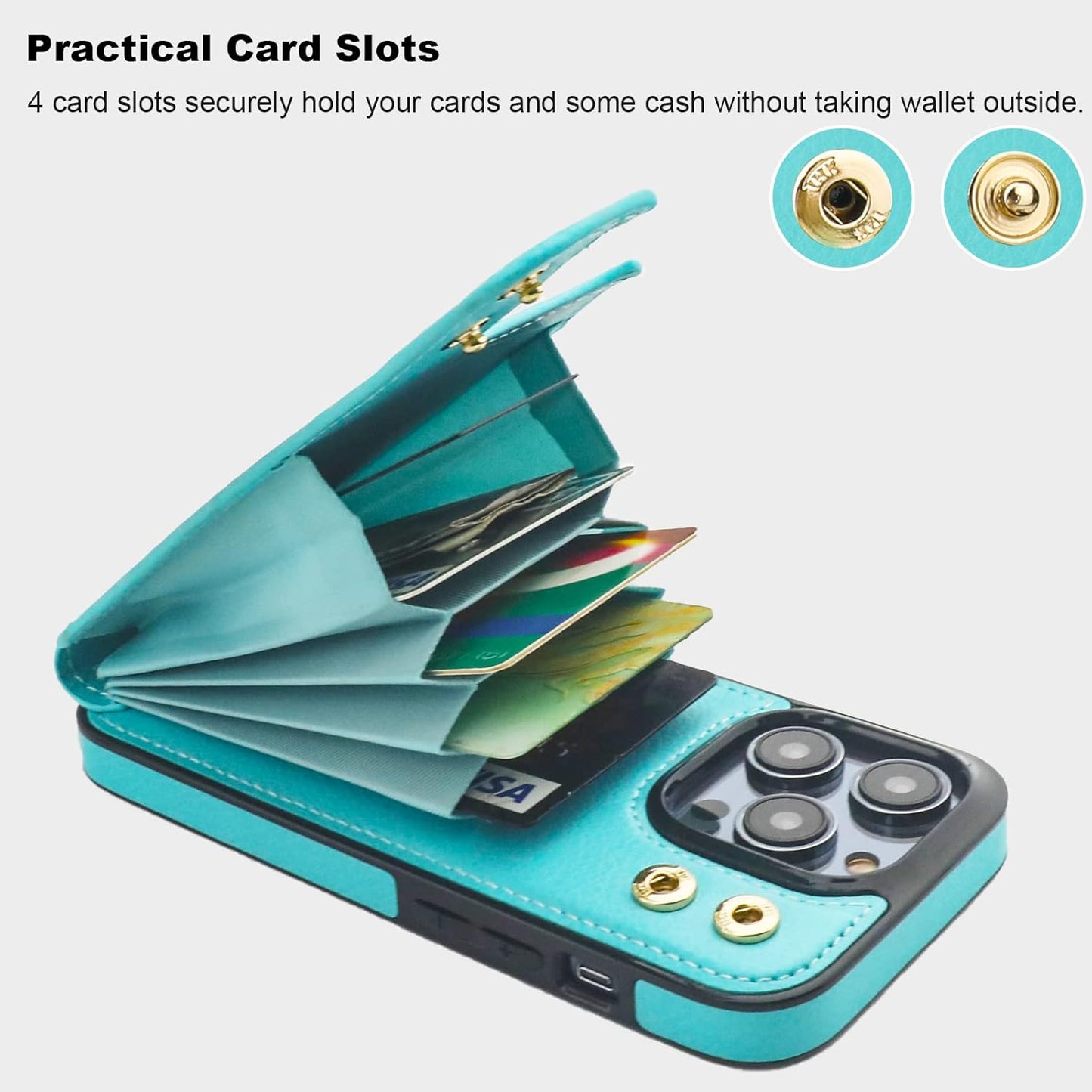 Folosu Compatible with iPhone 14 Pro Case Wallet with Card Holder, 360°Rotation Finger Ring Holder Kickstand, RFID Blocking Leather Protective Double Buttons Shockproof Cover 6.1 Inch Green