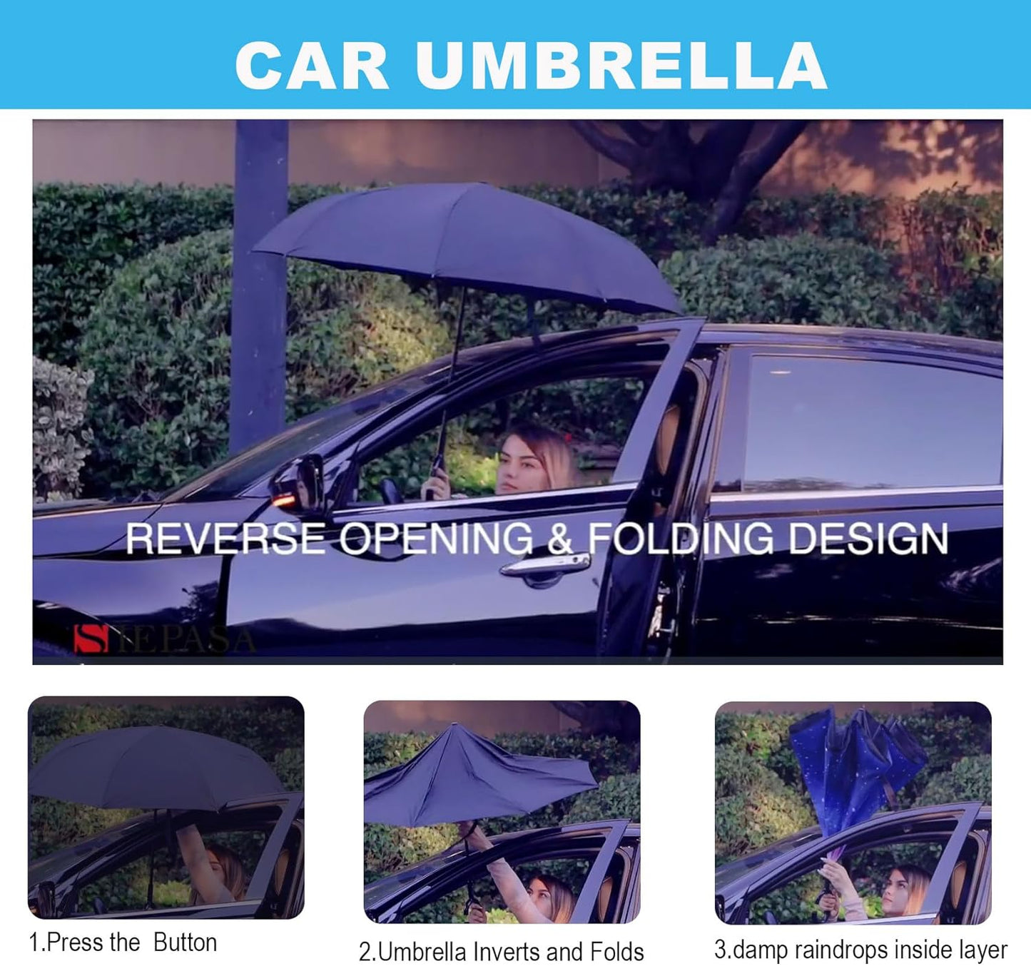 SIEPASA 49/56 Inch Inverted Reverse Upside Down Umbrella, Extra Large Double Canopy Vented Windproof Waterproof Stick Golf Umbrellas with C-shape Handle.