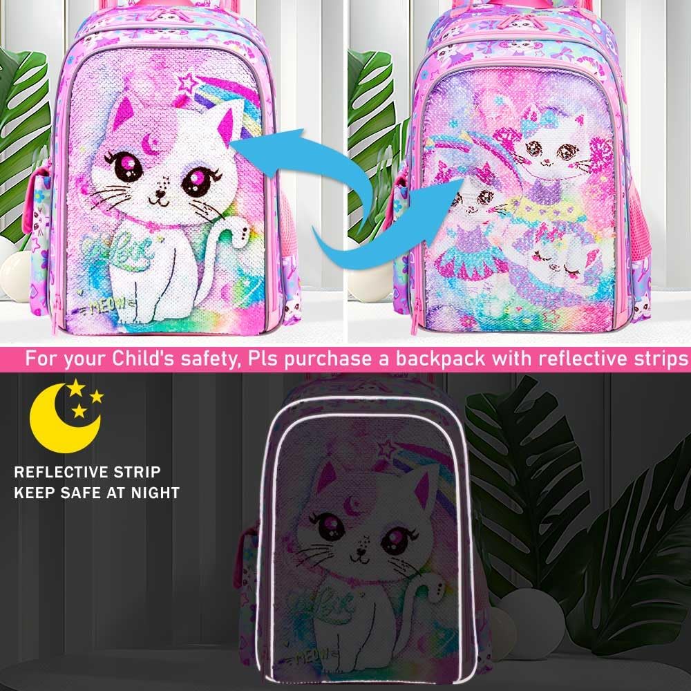 KLFVB 3PCS Cat Uni Dinosaur Backpack for Girls and Boys, 16" Kids Bookbag and Lunch Box, Preschool