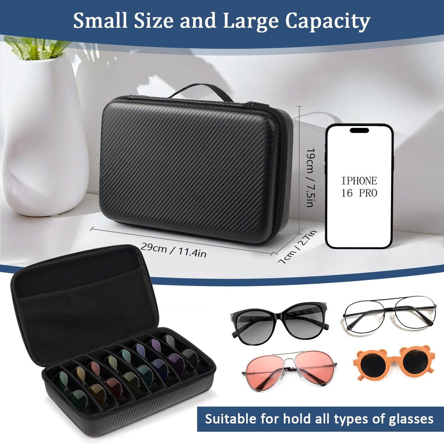 Vecxoty Black Travel Sunglasses Organizer For 8 Pairs​, EVA Hard Shell​Sunglass Case with Soft