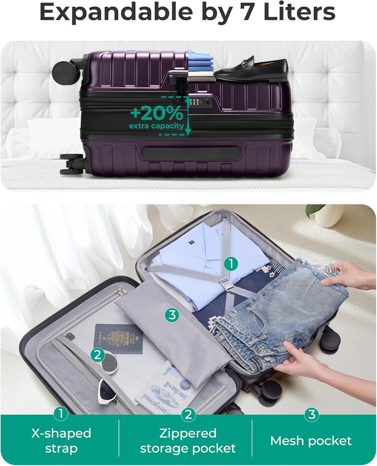 BAGSMART Carry On Luggage 22x14x9 Airline Approved with Spinner Wheels,Lightweight 20 Inch Luggage with TSA Lock,Expandable Hard Shell Carry On Suitcases for Men Women,Purple
