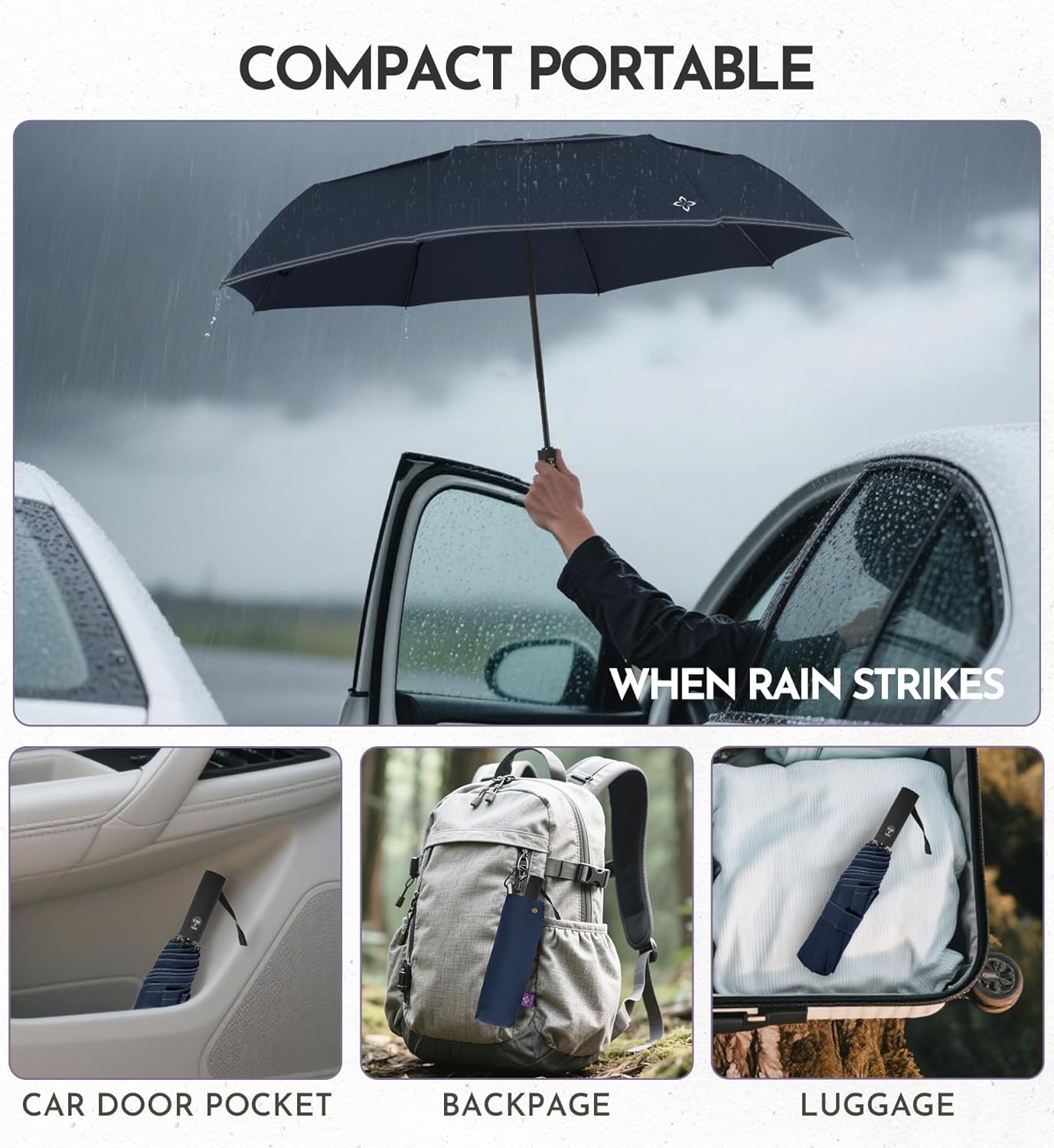 Compact Travel Windproof Umbrella, 43" Auto open/close Folding Quick Dry Umbrellas for Rain, Lightweight Portable Small for Backpack Car, less force to Fold for Women Men Kids, TSA Approved