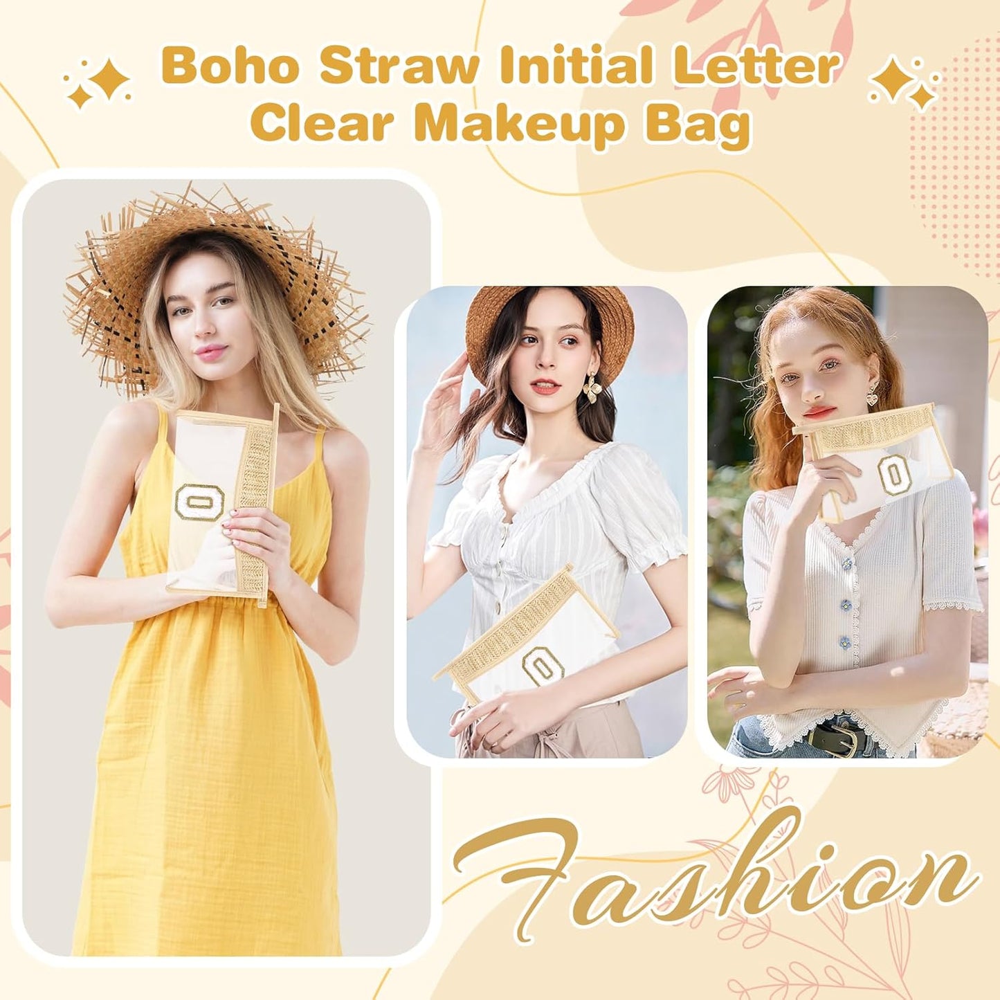 Personalized Initial Letter Bag Boho Straw Clear Makeup Bag,Small Cute Chenille Varsity Letter