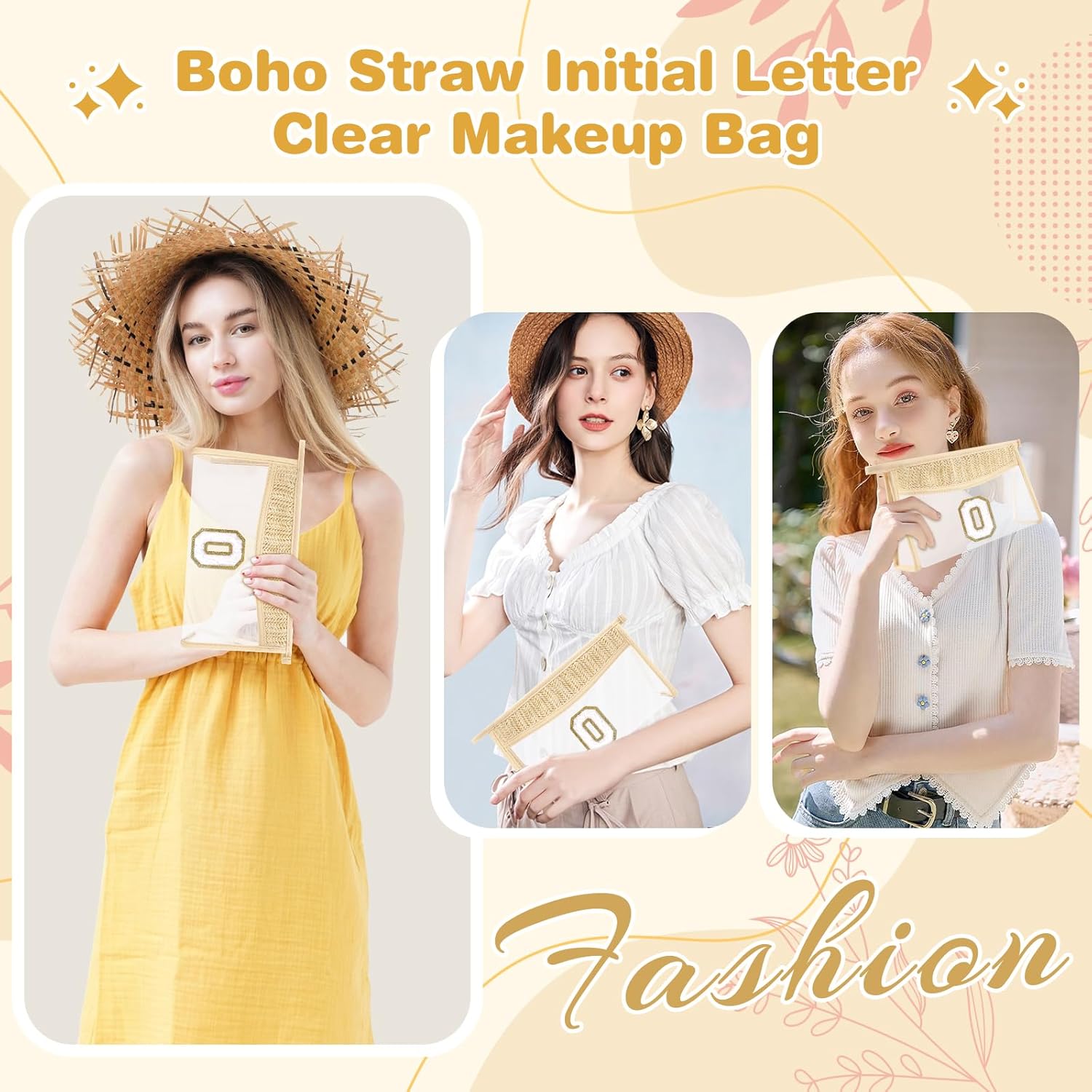 Personalized Initial Letter Bag Boho Straw Clear Makeup Bag,Small Cute Chenille Varsity Letter