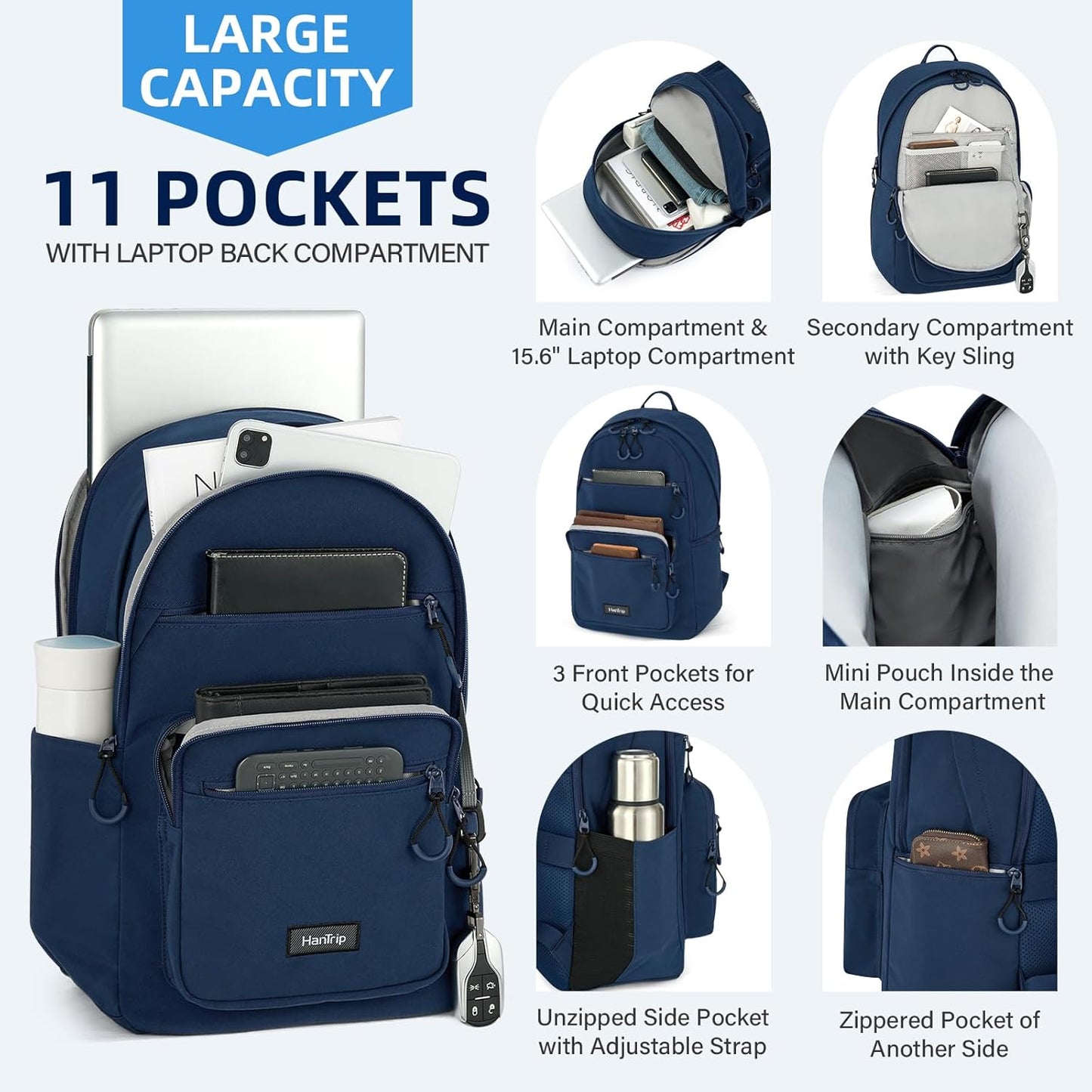 Carry On Travel Backpack For Women, 18 Inch Water Resistant Large Backpack Lightweight Bookbag For Men, 8x14x18 Personal Item Bag Casual Daypack Backpacks For Work Office Commuter (Navy Blue)