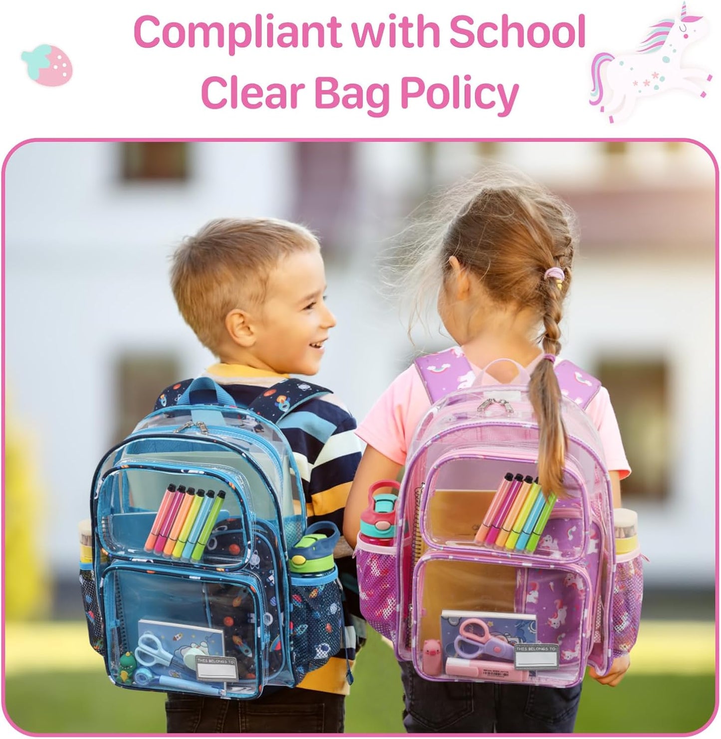 Bagseri Kids Clear Backpack Girls - 15 Inch Clear Bookbag for Kids Aged 3 to 8 Heavy Duty Transparent Backpack for School, Cute See Through Bag with Reflective Strip, Purple Unicorn
