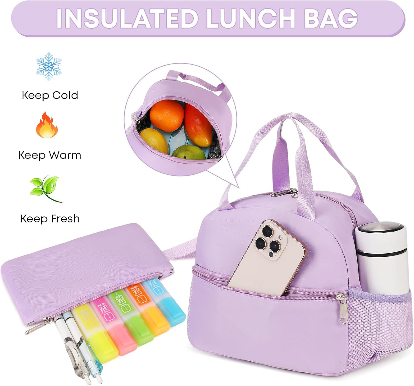 3PCS School Backpack For Student Women College Middle High Teen Girls Bookbag Waterproof Laptop Bag Purple