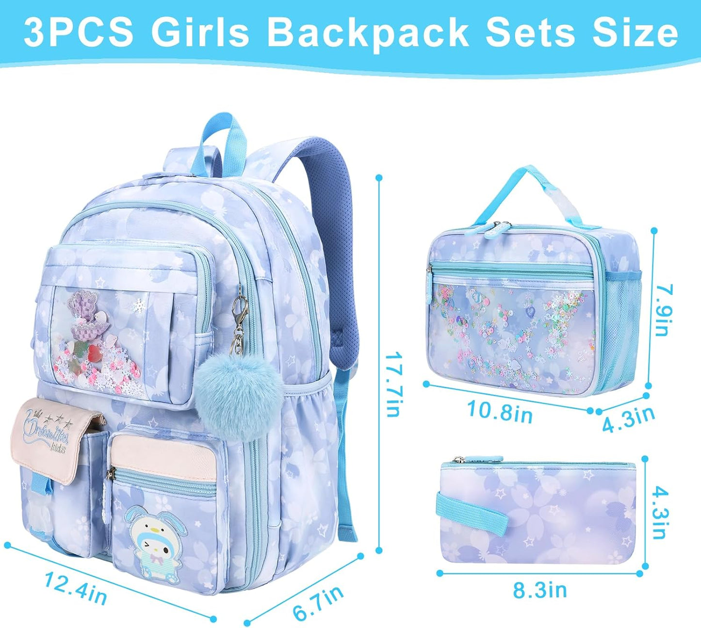 Backpack for Girls 3pcs Set, Kids Backpack for Girls with Lunch Box Pencil Case Set for Teens Elementary Middle School Bags (Blue-3 Piece Set-1)
