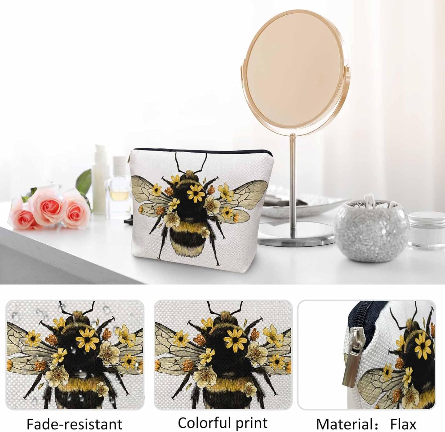 Women Makeup Organizer Bag Bumblebee Bumblebee Honey Bee Sunflowers Yellow Flax Cosmetic Bag Makeup Bags Toiletry Bag Accessories Organizer Travel Bags For Home Bathroom Office Hotel Gym