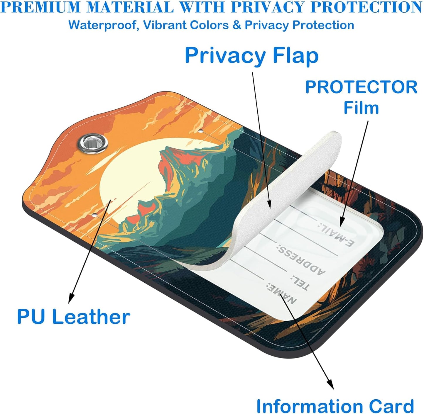 2 Pcs Luggage Tags for Suitcases, Sunset in The Mountains Leather Bag Tags for Luggage Privacy Cover Name ID Label with Stainless Steel Loop Cruise Airport Travel Essentials