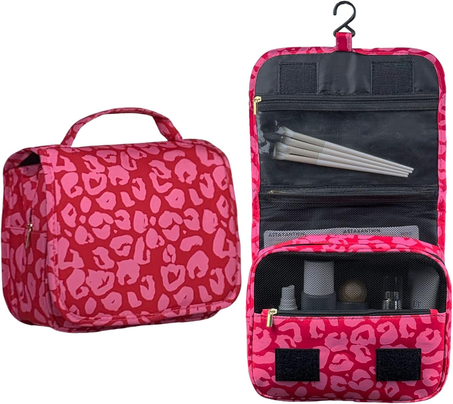 Crazy Bison Hanging Travel Toiletry Bag Kit Makeup Bag Cosmetics Organizer for Men Women (Hot Pink Leopard)