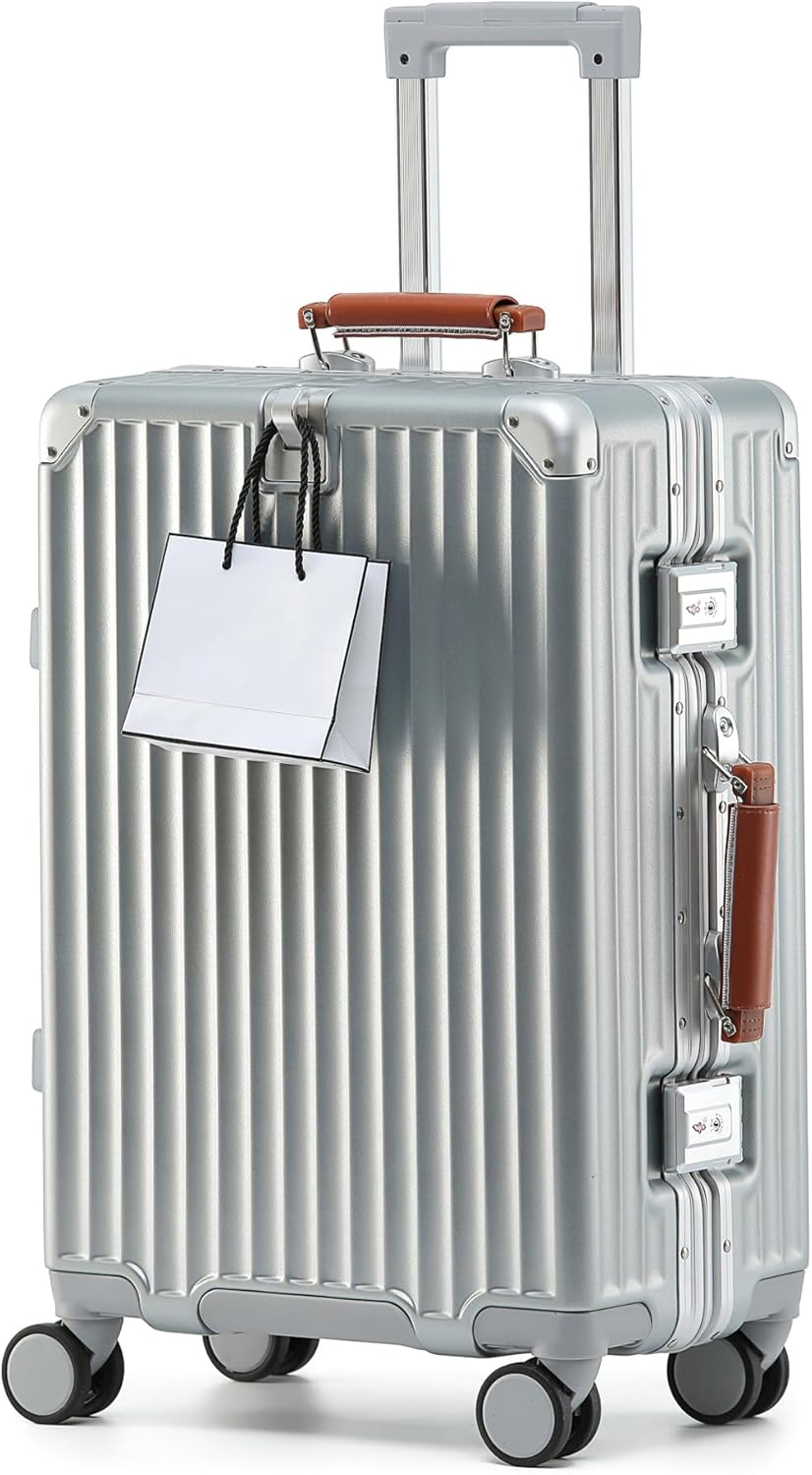 20 Inch Carry On Luggage with Leather Handle, PC Zipperless Suitcase with Spinner Wheels and TSA Locks, 22x14x9 Airline Approved Luggage for Travel, Silver
