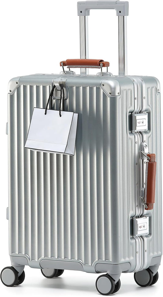 20 Inch Carry On Luggage with Leather Handle, PC Zipperless Suitcase with Spinner Wheels and TSA Locks, 22x14x9 Airline Approved Luggage for Travel, Silver