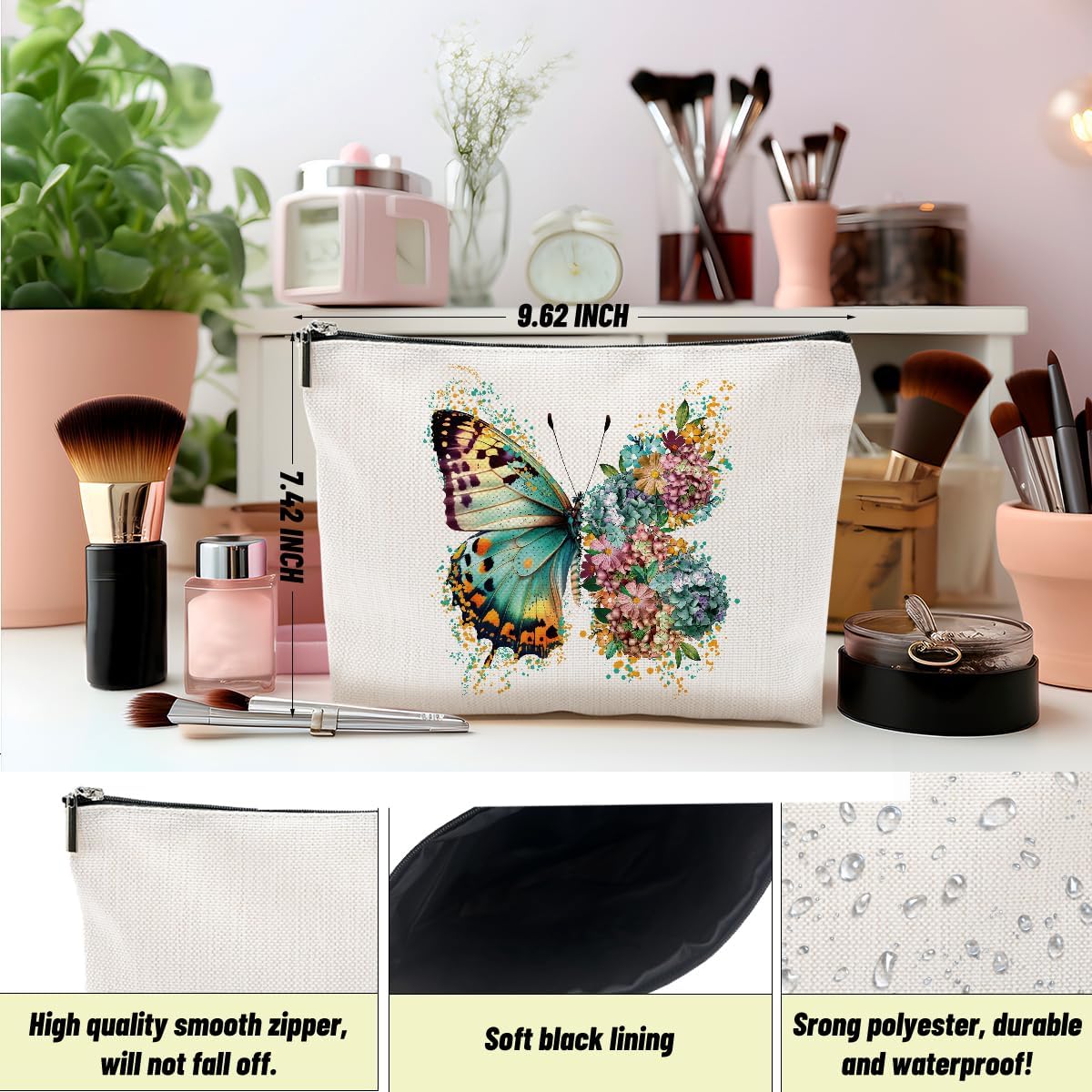 2pcs Aesthetic Butterfly Floral Makeup Bag Flowers Butterfly Gifts Cosmetic Bags for Women Girls, Aesthetic Zipper Pouch Travel Toiletry Bag Friend Gifts for Sisters Bestie