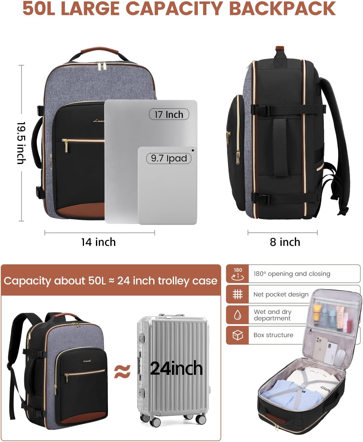 LOVEVOOK 50L Travel Backpack for Women & Men, Airline Approved Carry On Luggage with 3 Packing Cubes, TSA Overnight Bags, Waterproof Personal Item Bag, Weekender Essentials Backpacks fits 17" Laptop