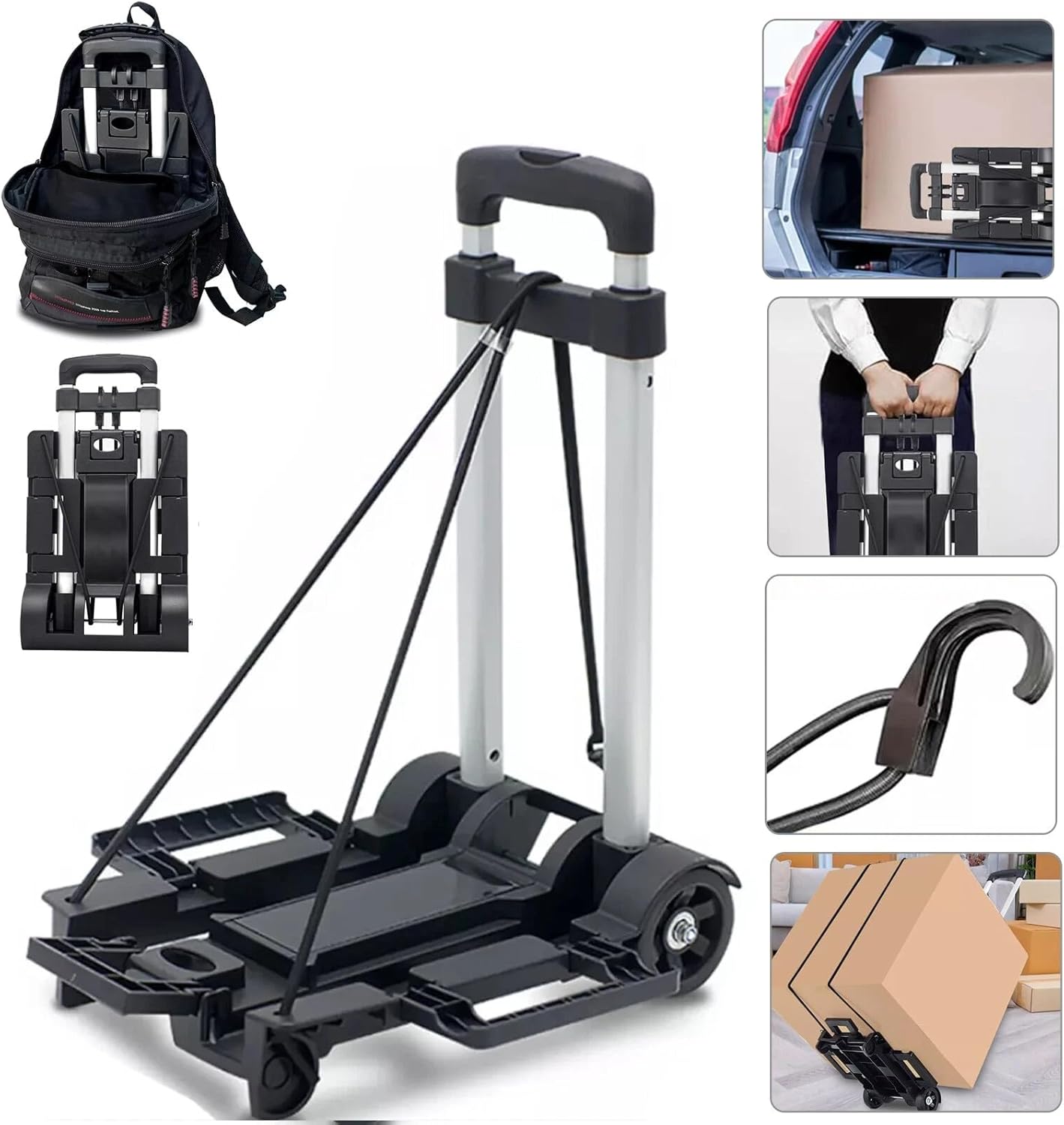 Folding Hand Truck Dolly Cart with Upgraded Tank Wheels, 70 lbs Capacity Lightweight Portable Platform Trolley, Collapsible Luggage Cart with Bungee Cord for Luggage, Moving, Travel, Shopping, Warehou