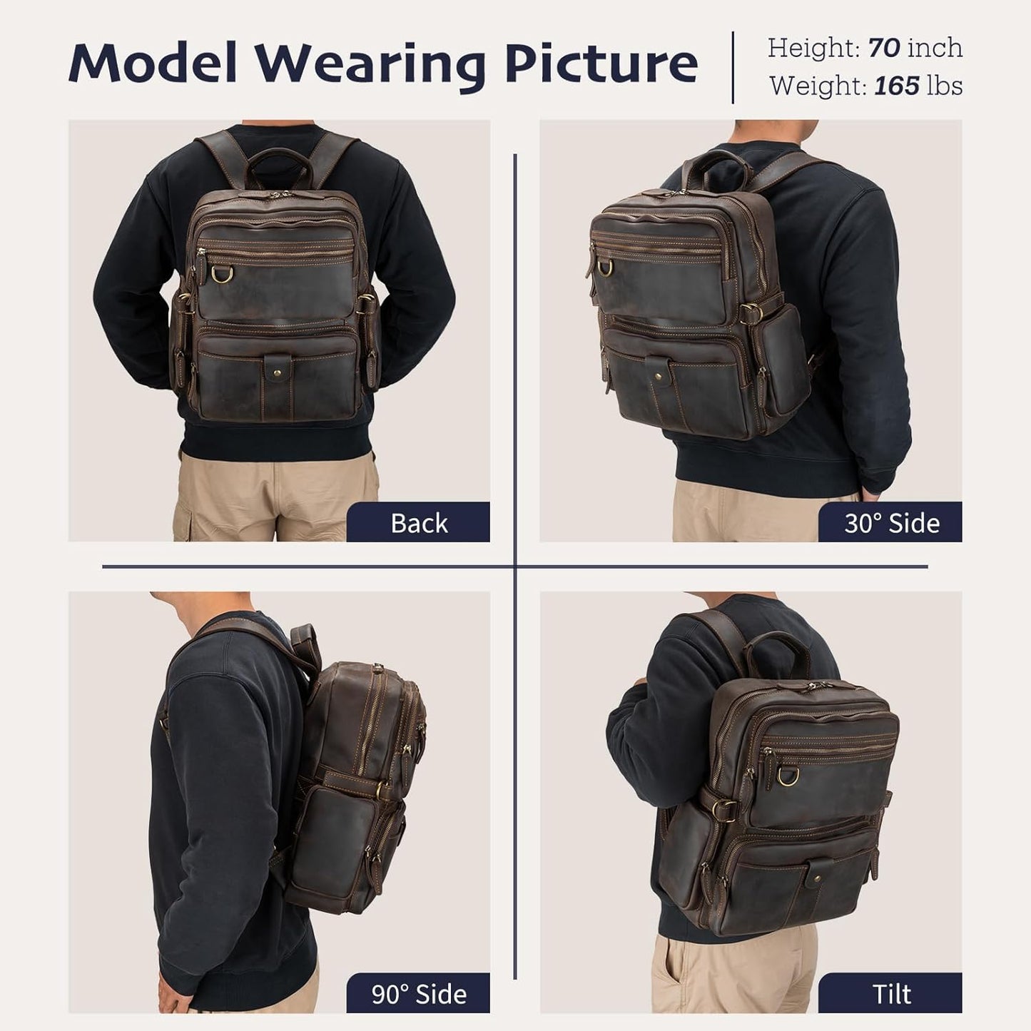 Leather Backpack for Men 15.6" Laptop Backpack 100% Madagascar top-Grain Leather Backpack Dark