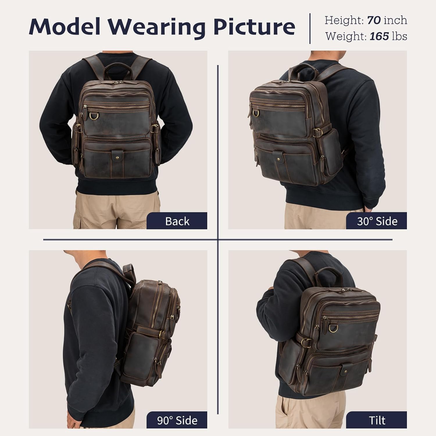 Leather Backpack for Men 15.6" Laptop Backpack 100% Madagascar top-Grain Leather Backpack Dark