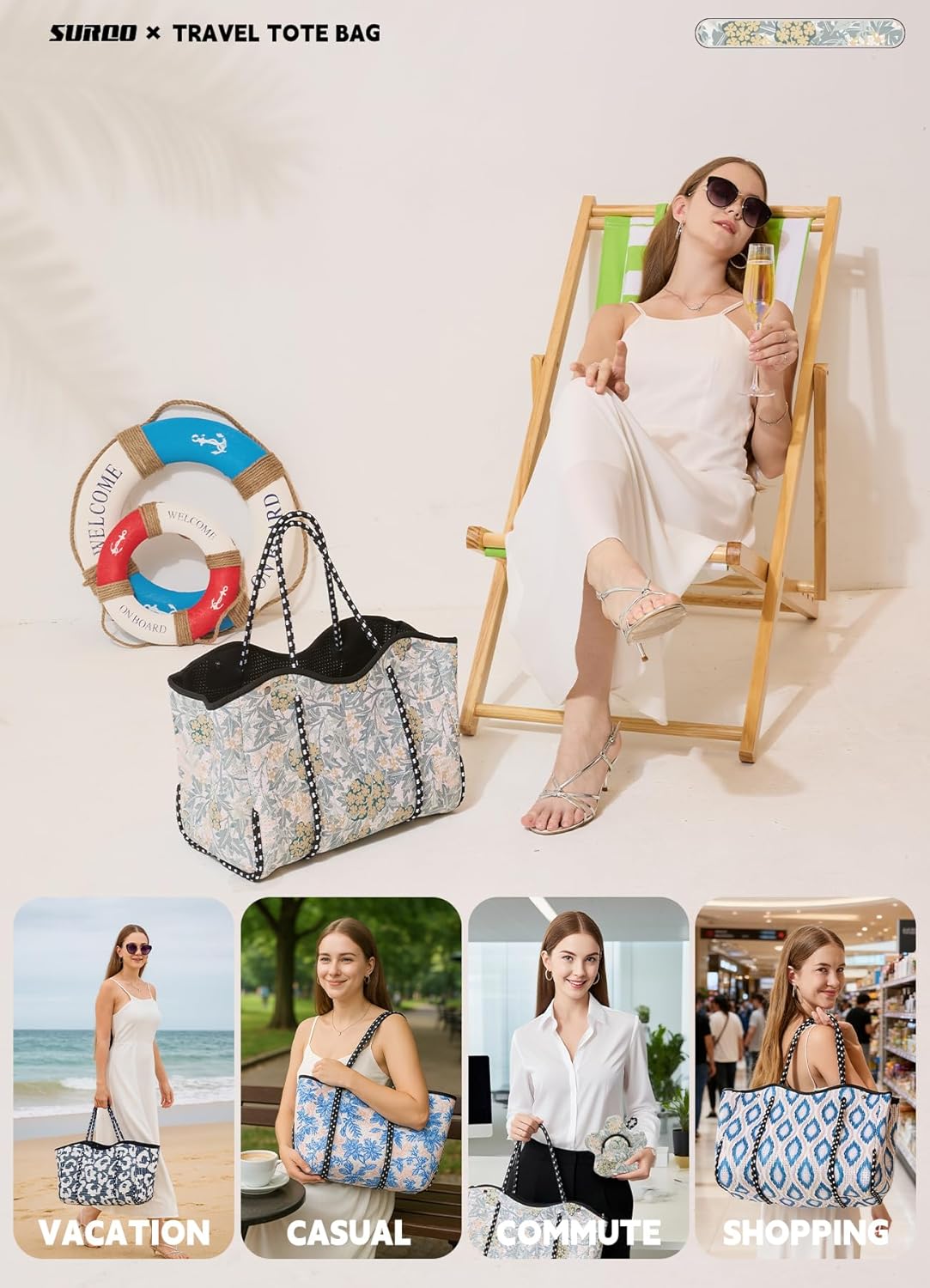 Neoprene Beach Bag for Women, Large Travel Tote Gym & Pool Bag, Detachable Pouch