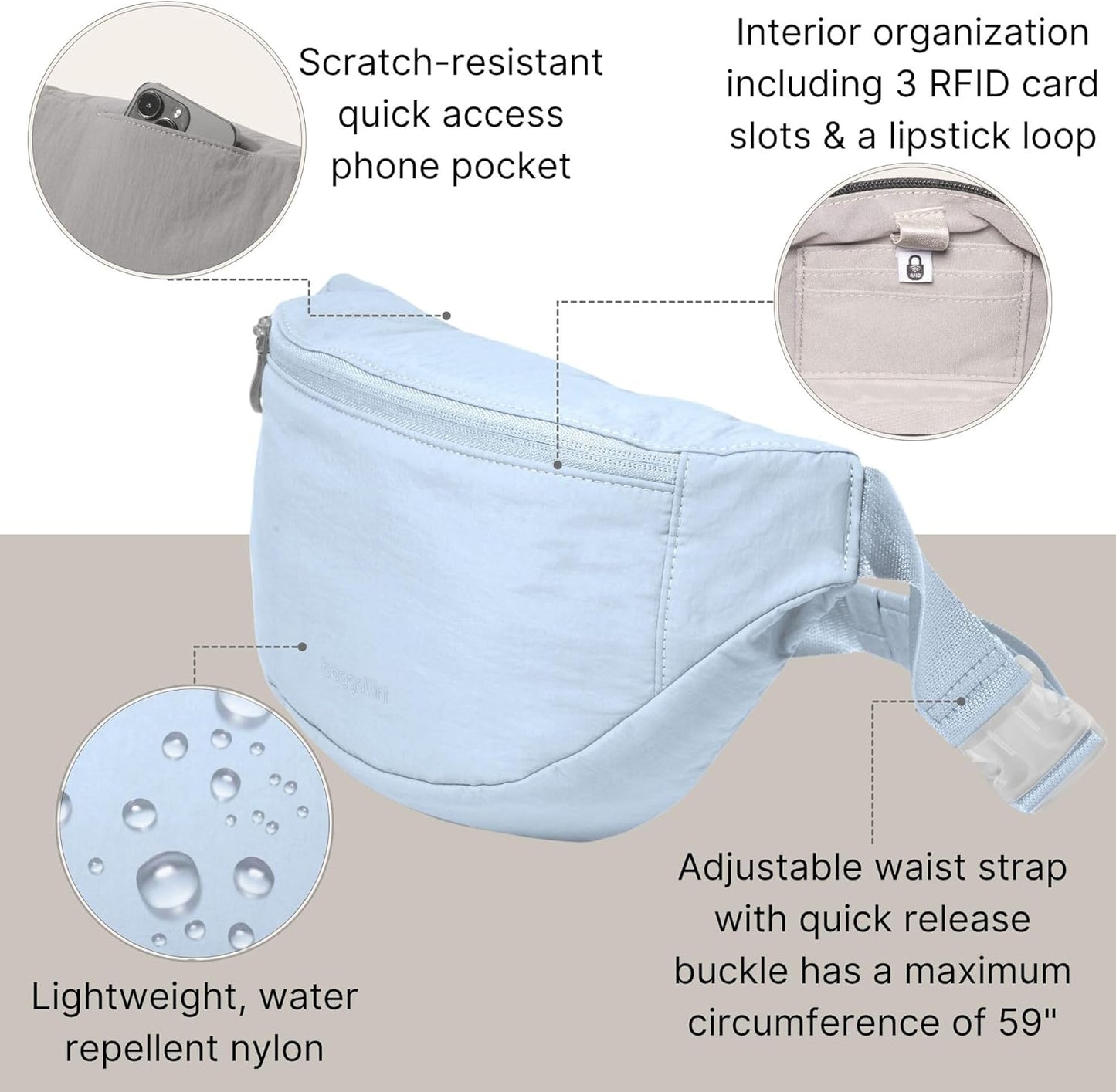 Baggallini Style Swift Belt Bag Sling Bag - Lightweight 12"x7" Crossbody Bag Fanny Pack Belt w/RFID and Adjustable Strap