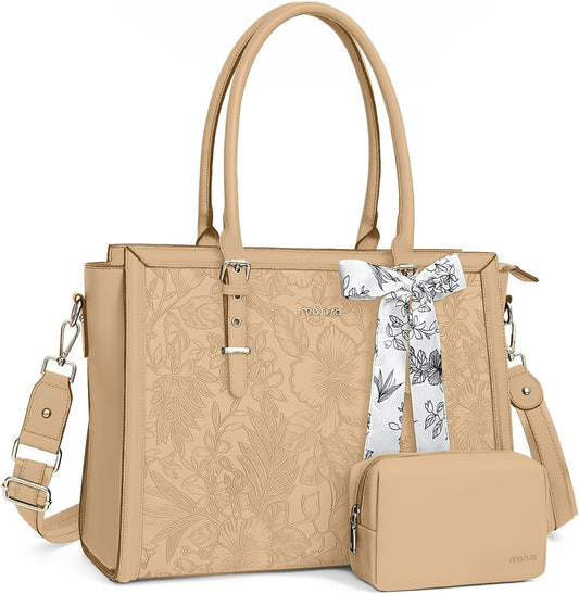 MOSISO Laptop Bag for Women, PU Leather Tote Bag, Front Embossed Retro Hibiscus Computer Bags with Silk Scarf&Clutch Purse