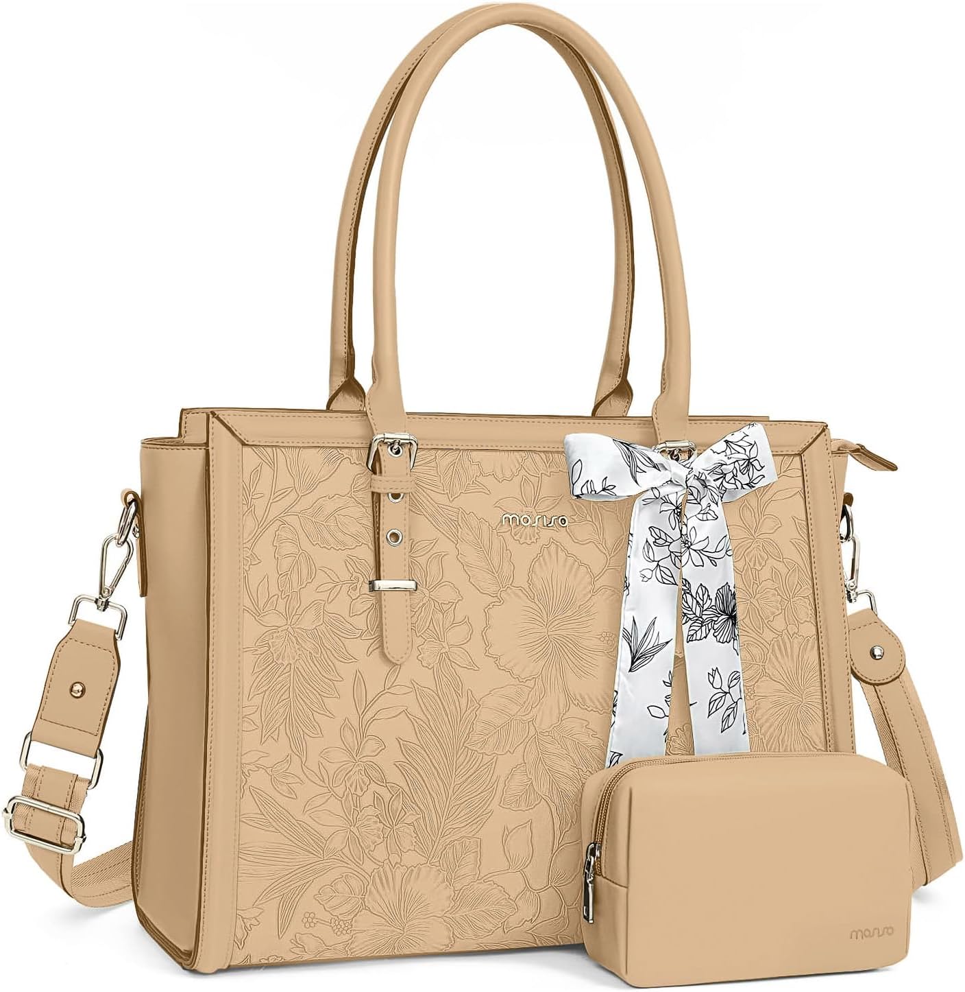 MOSISO Laptop Bag for Women, PU Leather Tote Bag, Front Embossed Retro Hibiscus Computer Bags with Silk Scarf&Clutch Purse