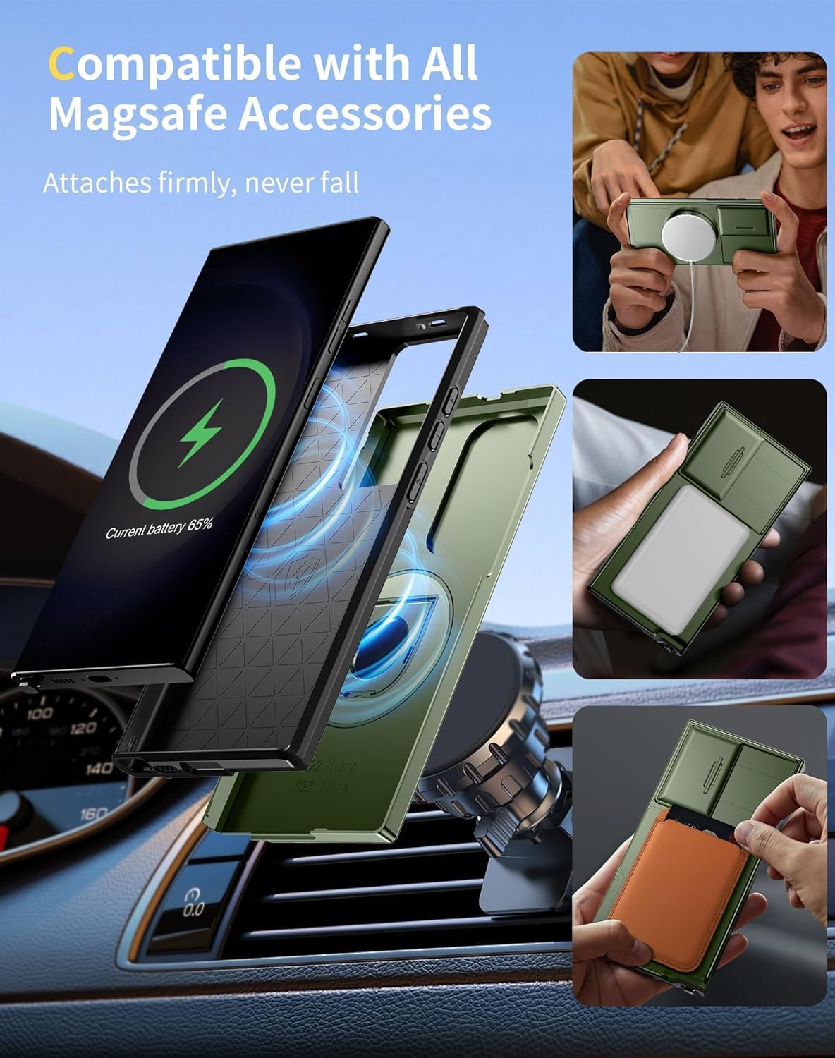 for Samsung Galaxy S22 Ultra Case Magnetic Compatible with MagSafe Wireless Charging,with Screen Protector,Built-in Stand Ring+Camera Cover Anti-Scratch Shockproof Heavy Duty Protection Green