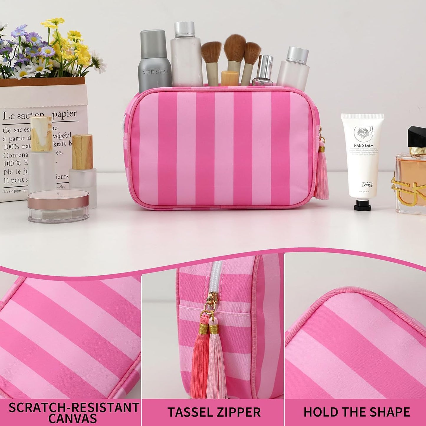 Stripe Makeup Bag Travel Cosmetic Bag Organizer Tassel Toiletry Bag Large Canvas Zipper Pouch and Accessories Storage Bag for Women