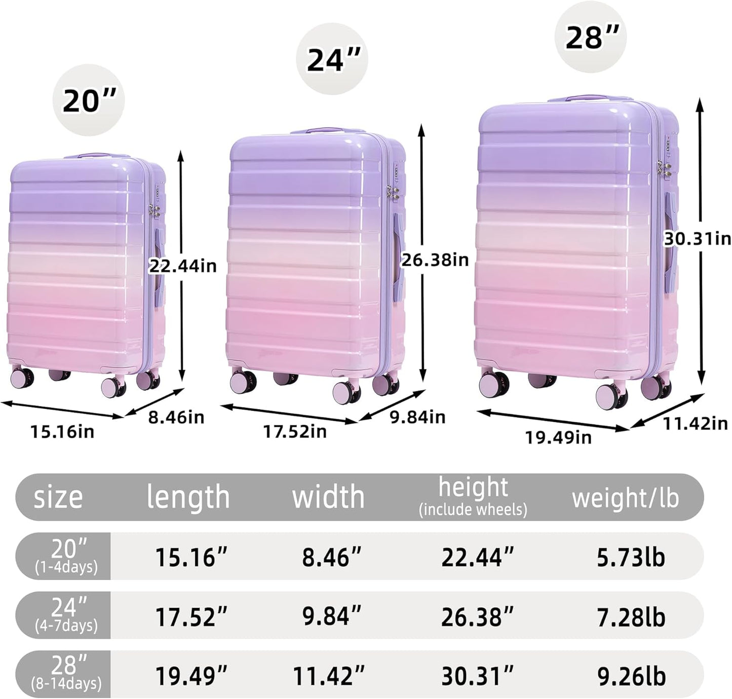 Campfun 3 Piece Luggage Sets, PC Gradient Color Suitcase Set with Double Spinner Wheels Hang Hook, Durable Carry On Luggage with Combination Lock, 20/24/28 inch, Purple+Pink