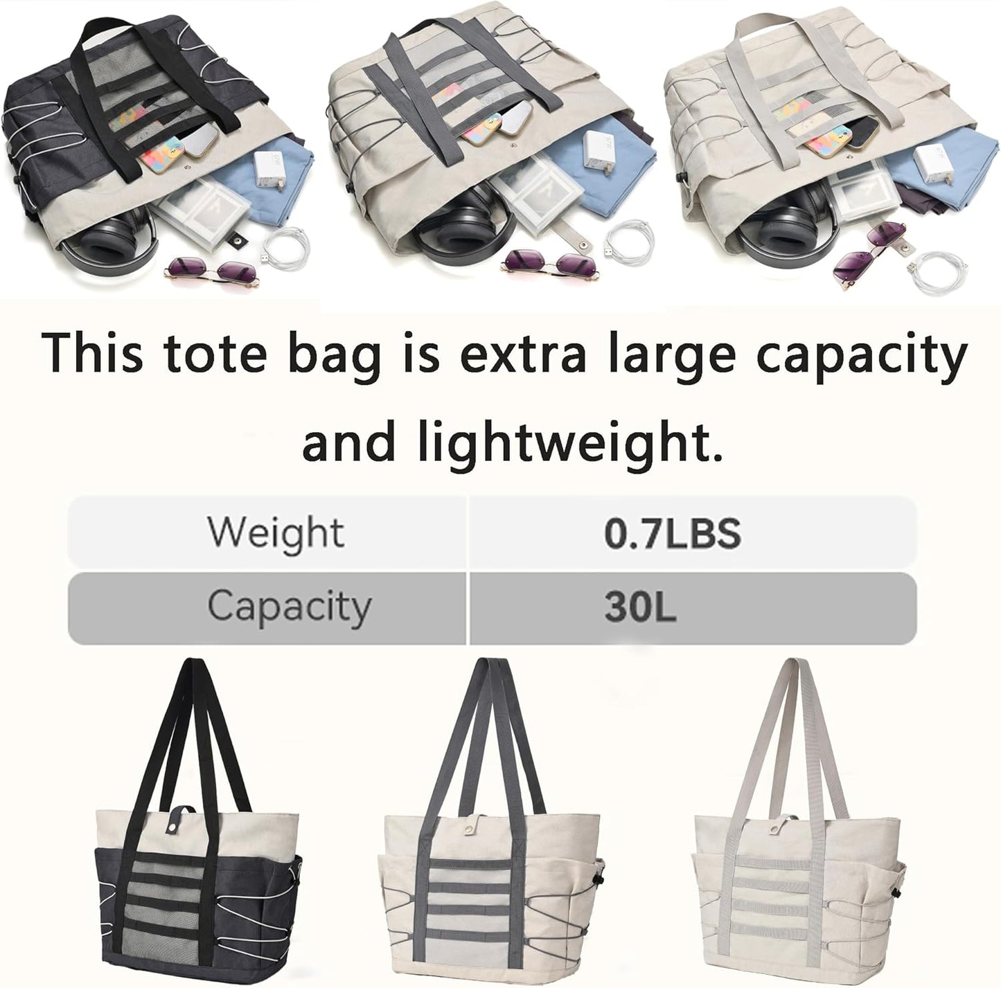 Travel Tote Bags for Women - Foldable Beach Bag Waterproof Zipper Gym Sports Shopping Bag with Trolley Sleeve
